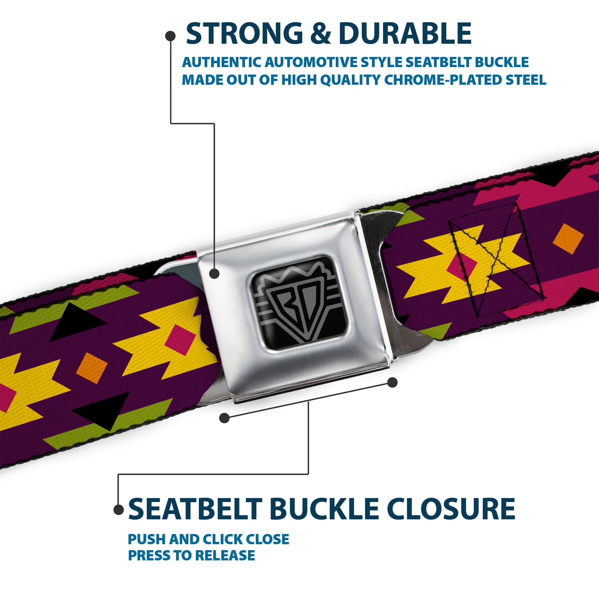BD Wings Logo CLOSE-UP Full Color Black Silver Seatbelt Belt - Navajo Orange/Purple/Yellow/Pink/Green/Black Webbing Seatbelt Belts Buckle-Down