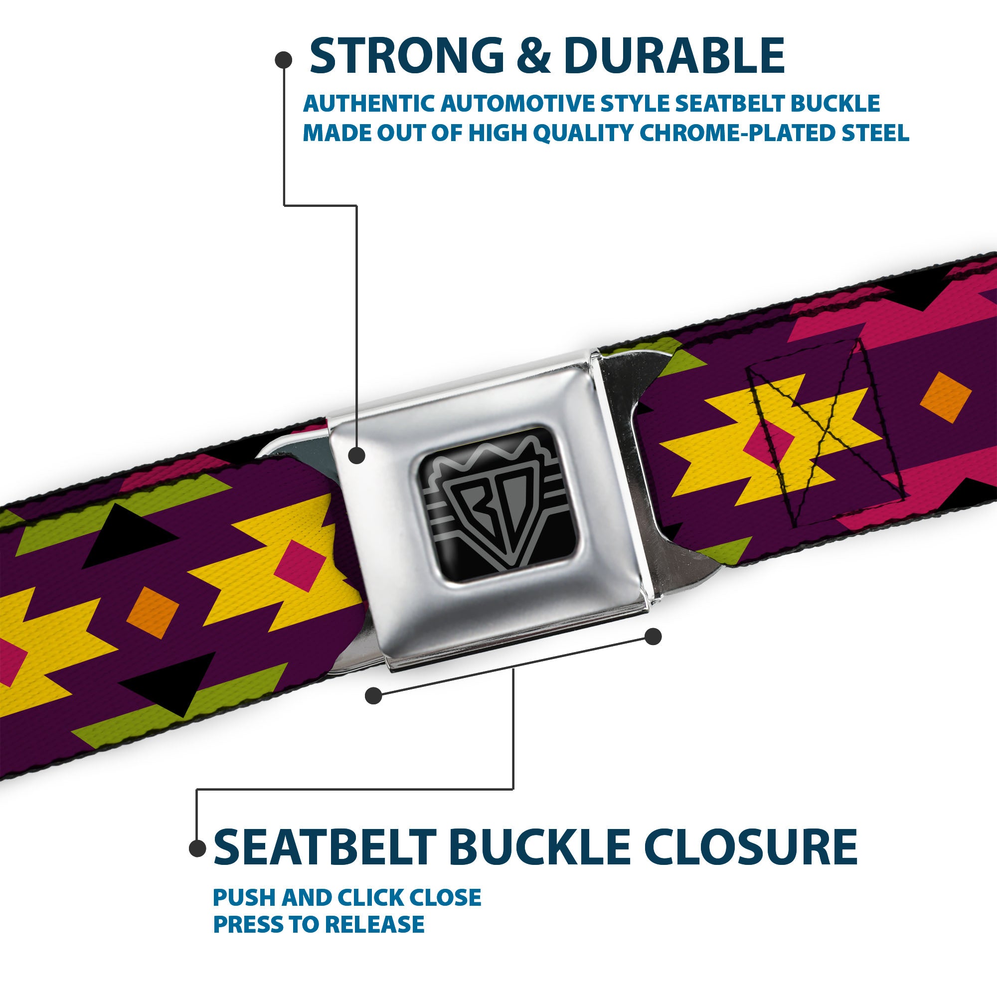 BD Wings Logo CLOSE-UP Full Color Black Silver Seatbelt Belt - Navajo Orange/Purple/Yellow/Pink/Green/Black Webbing Seatbelt Belts Buckle-Down