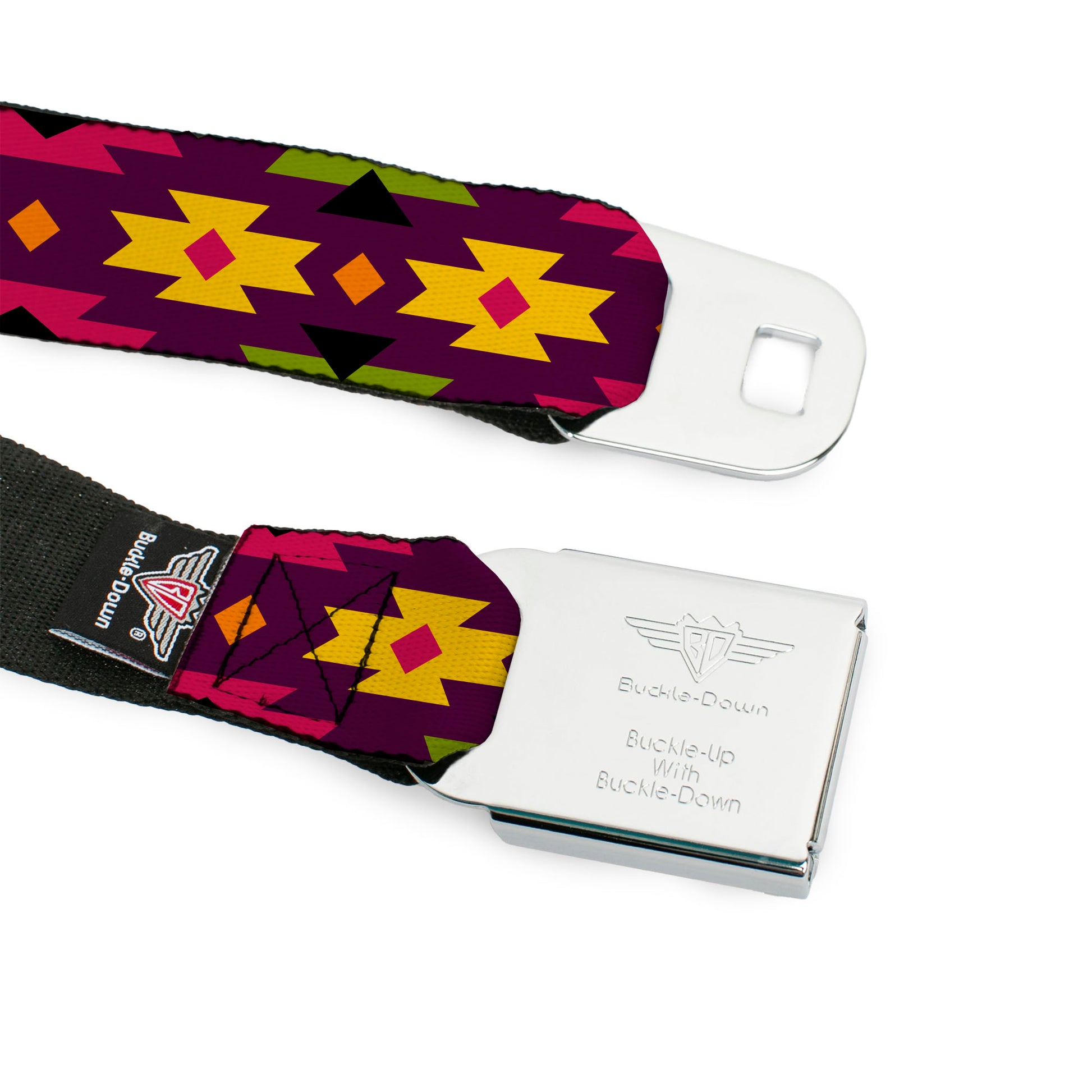BD Wings Logo CLOSE-UP Full Color Black Silver Seatbelt Belt - Navajo Orange/Purple/Yellow/Pink/Green/Black Webbing Seatbelt Belts Buckle-Down