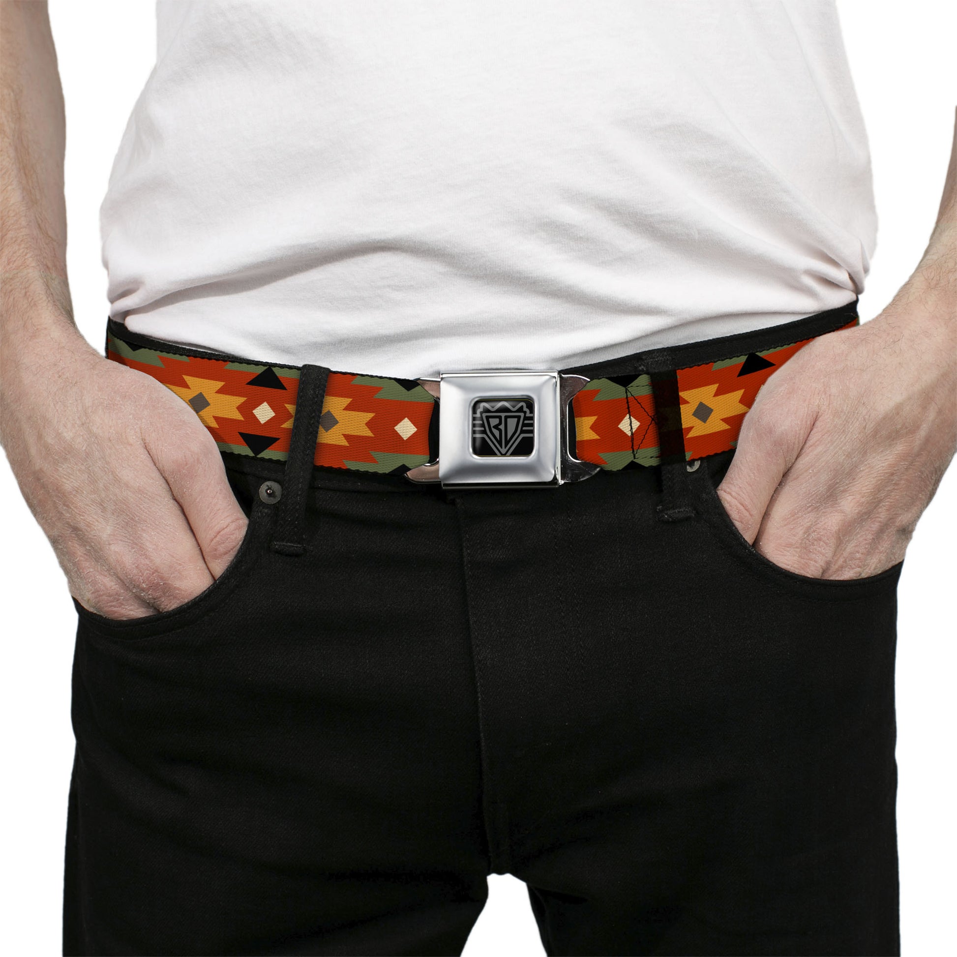 BD Wings Logo CLOSE-UP Full Color Black Silver Seatbelt Belt - Navajo Tan/Rust/Olive/Black Webbing Seatbelt Belts Buckle-Down