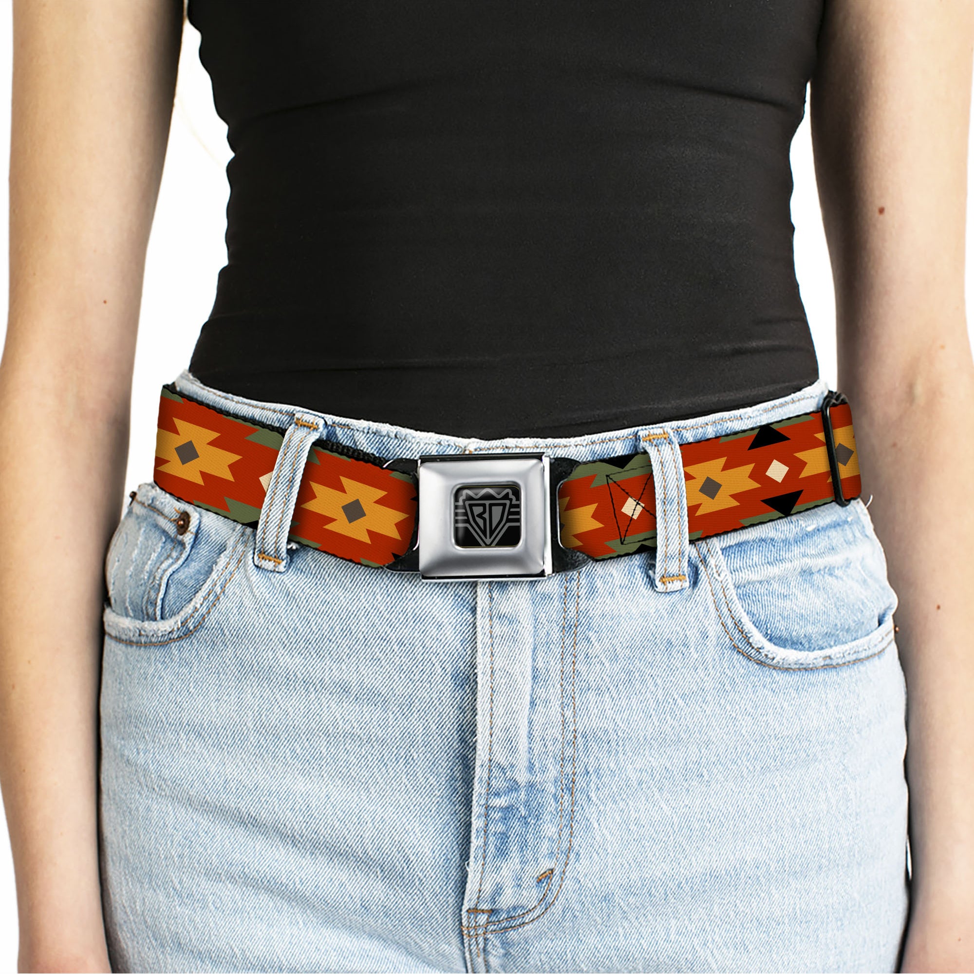 BD Wings Logo CLOSE-UP Full Color Black Silver Seatbelt Belt - Navajo Tan/Rust/Olive/Black Webbing Seatbelt Belts Buckle-Down