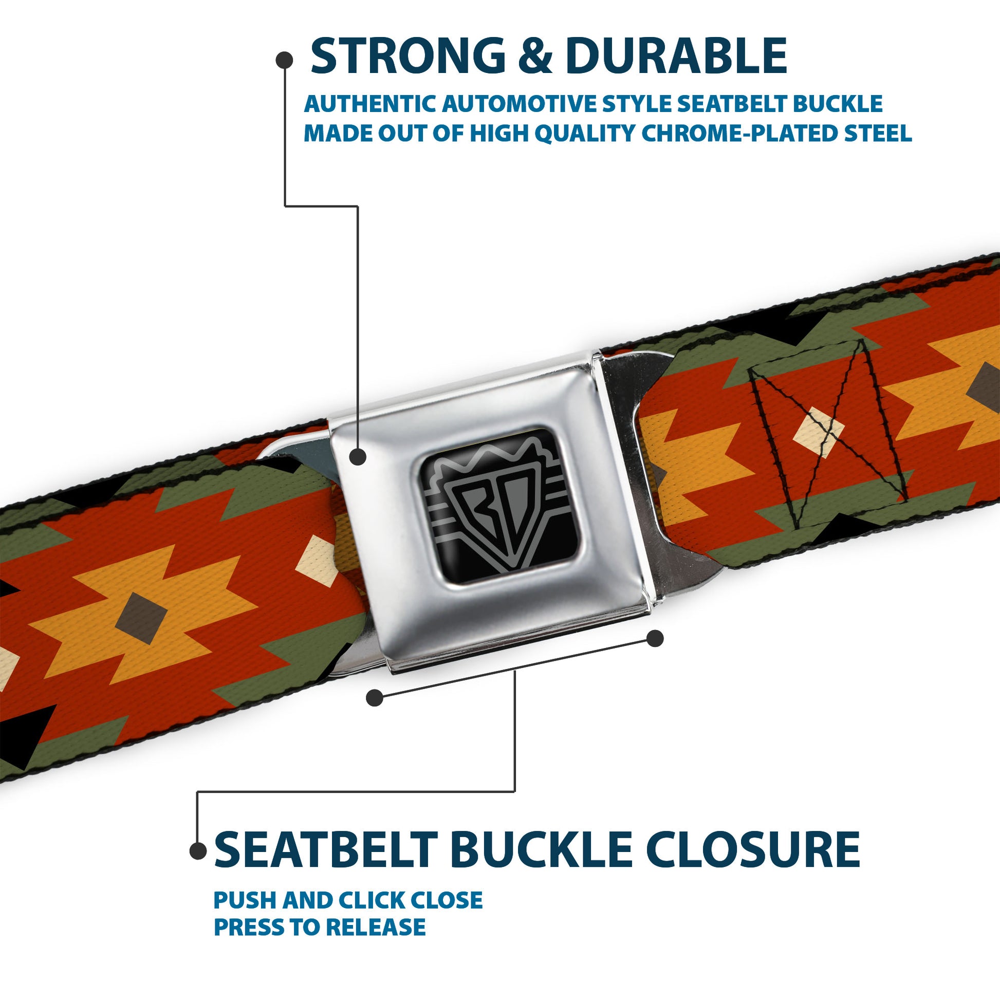 BD Wings Logo CLOSE-UP Full Color Black Silver Seatbelt Belt - Navajo Tan/Rust/Olive/Black Webbing Seatbelt Belts Buckle-Down