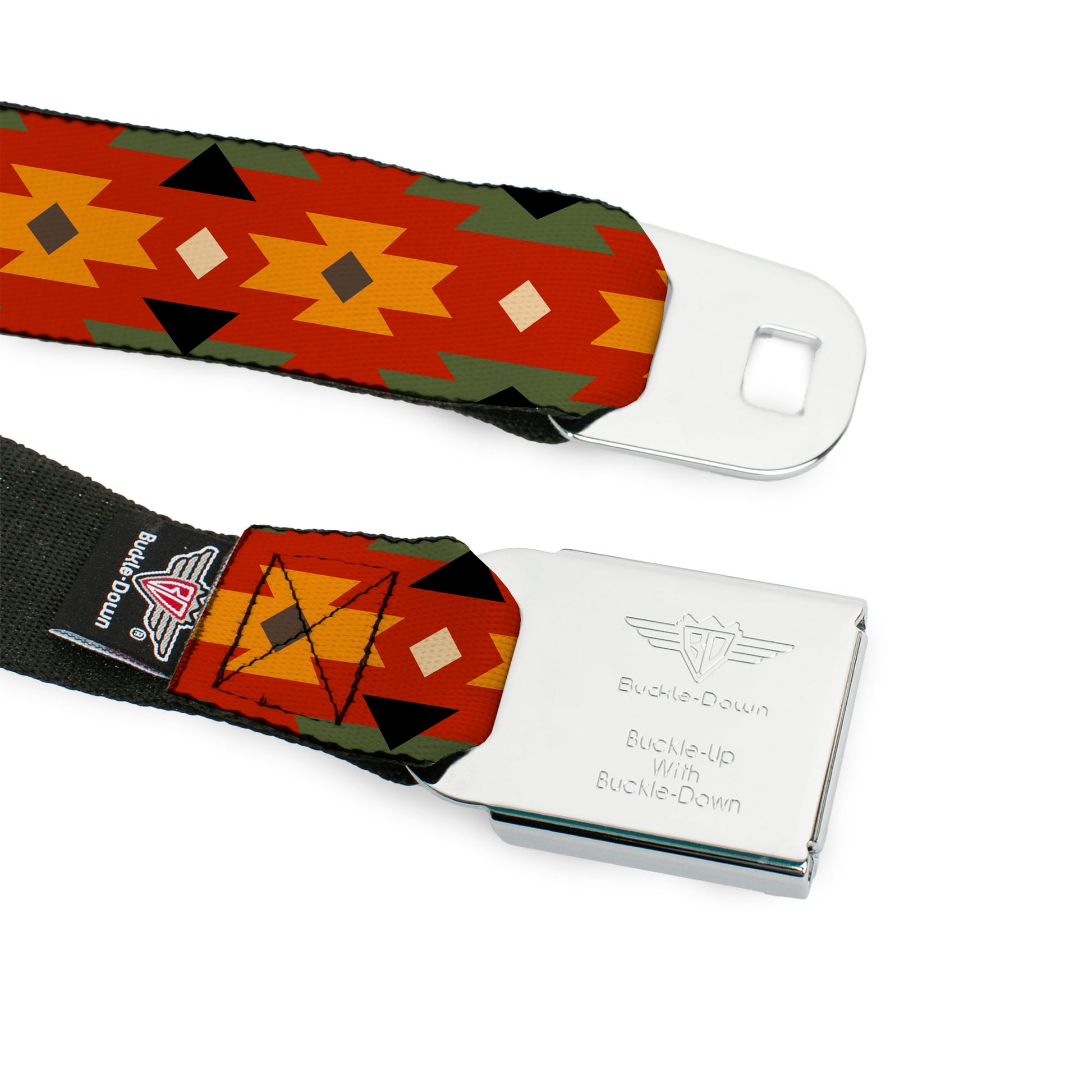 BD Wings Logo CLOSE-UP Full Color Black Silver Seatbelt Belt - Navajo Tan/Rust/Olive/Black Webbing Seatbelt Belts Buckle-Down