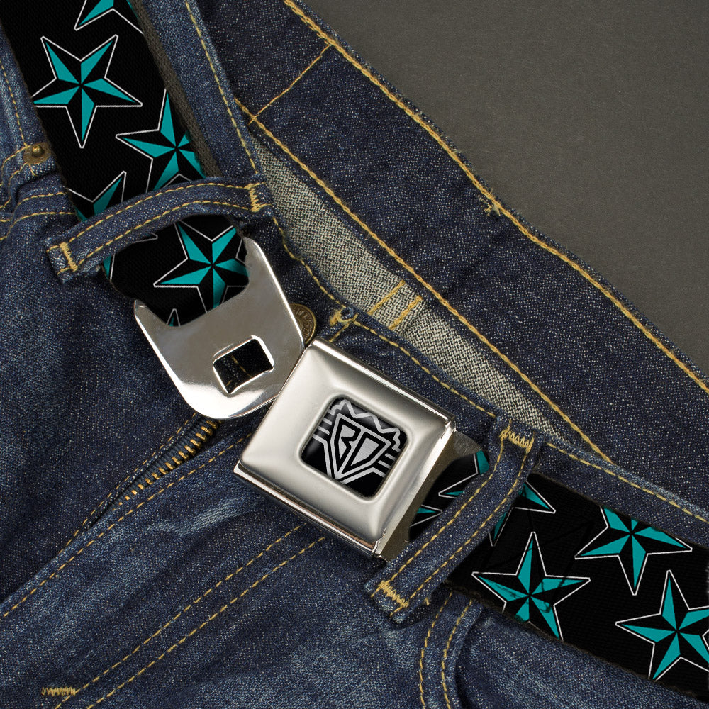 BD Wings Logo CLOSE-UP Full Color Black Silver Seatbelt Belt - Nautical Stars Scattered Black/Turquoise Webbing Seatbelt Belts Buckle-Down