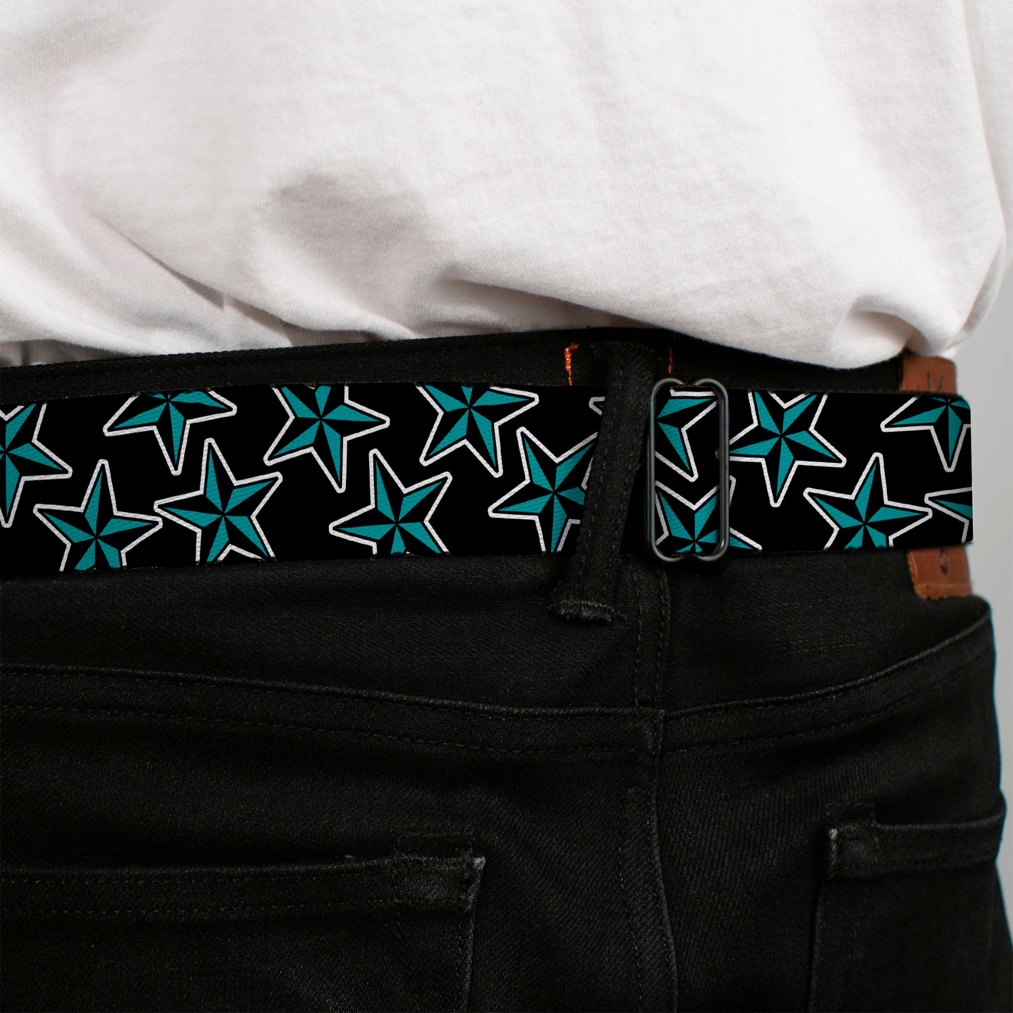 BD Wings Logo CLOSE-UP Full Color Black Silver Seatbelt Belt - Nautical Stars Scattered Black/Turquoise Webbing Seatbelt Belts Buckle-Down