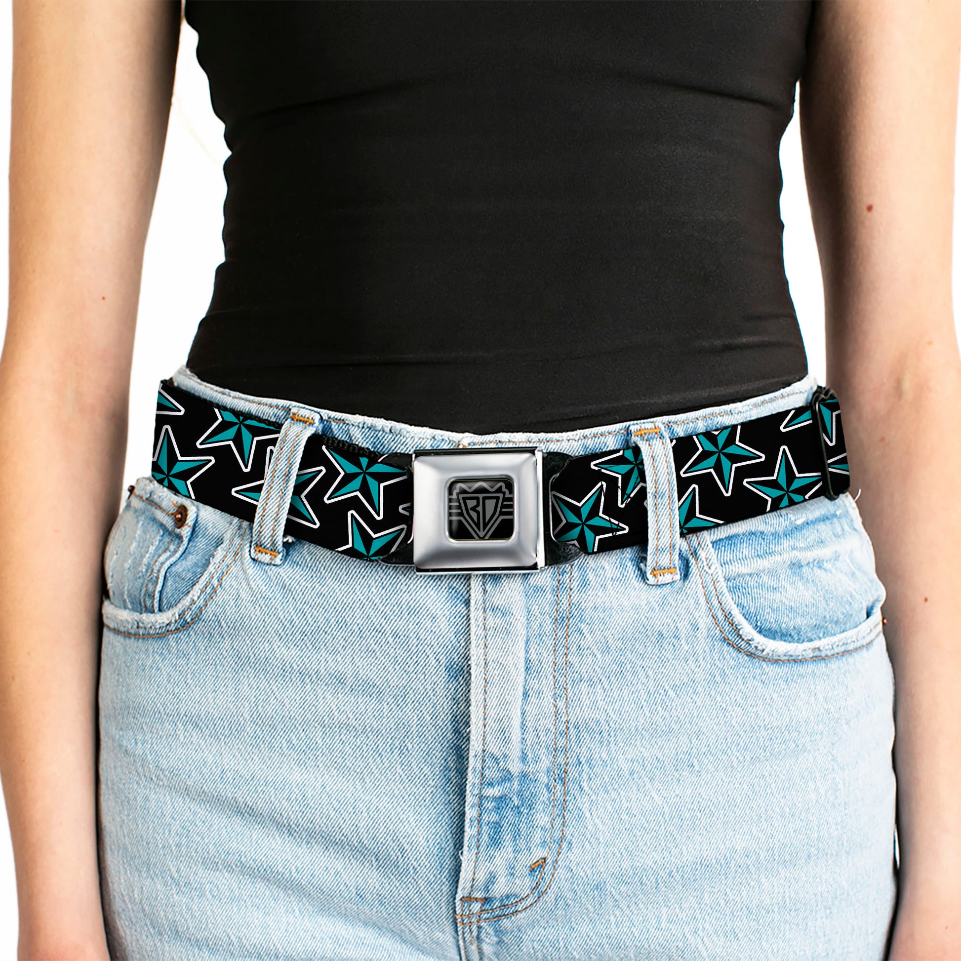BD Wings Logo CLOSE-UP Full Color Black Silver Seatbelt Belt - Nautical Stars Scattered Black/Turquoise Webbing Seatbelt Belts Buckle-Down