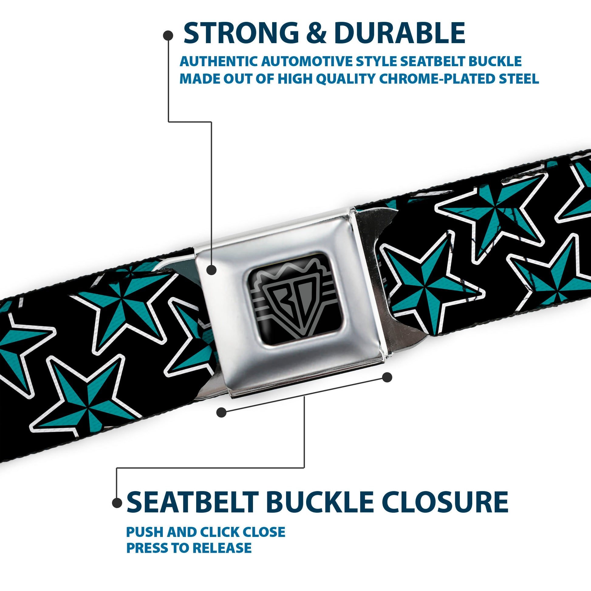 BD Wings Logo CLOSE-UP Full Color Black Silver Seatbelt Belt - Nautical Stars Scattered Black/Turquoise Webbing Seatbelt Belts Buckle-Down