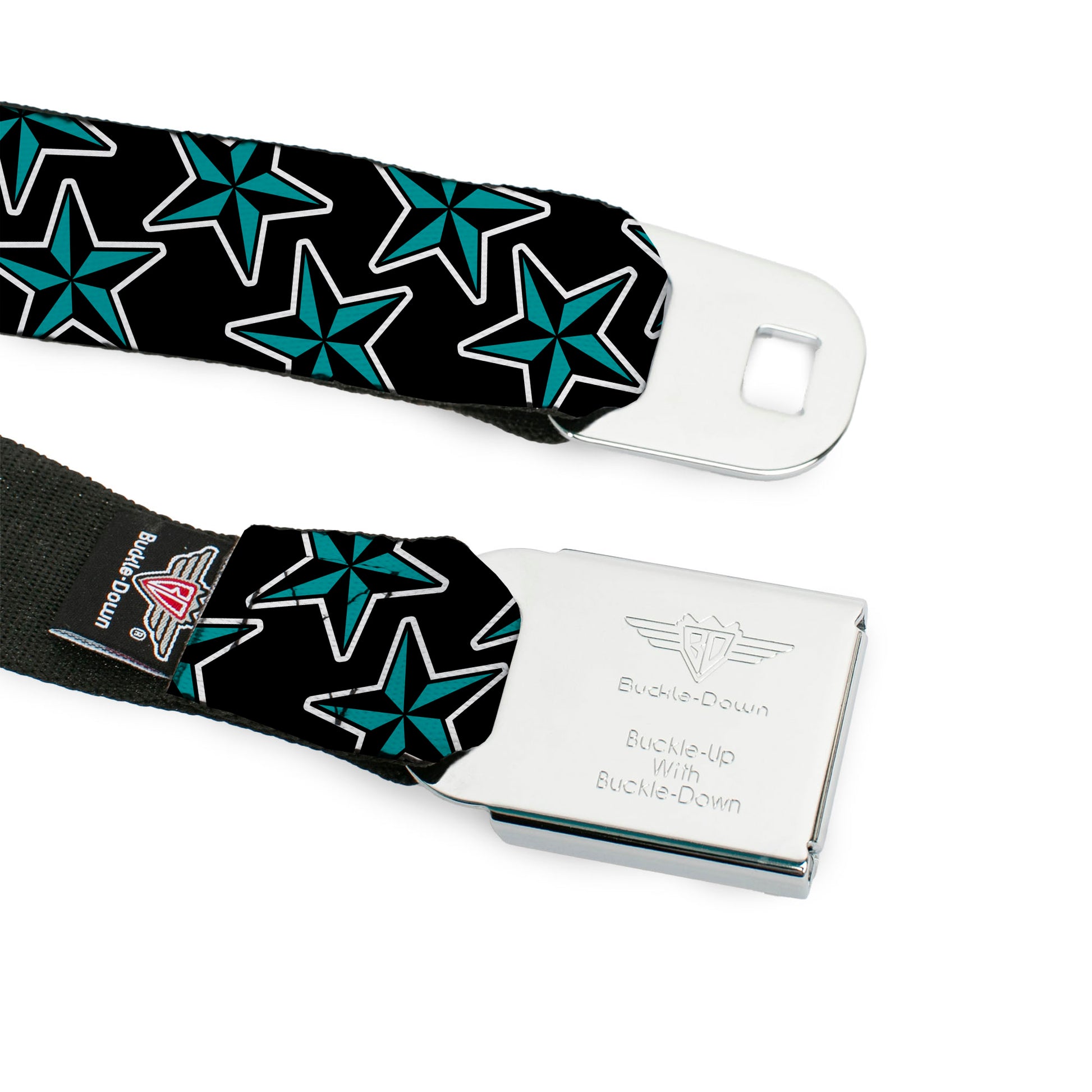 BD Wings Logo CLOSE-UP Full Color Black Silver Seatbelt Belt - Nautical Stars Scattered Black/Turquoise Webbing Seatbelt Belts Buckle-Down
