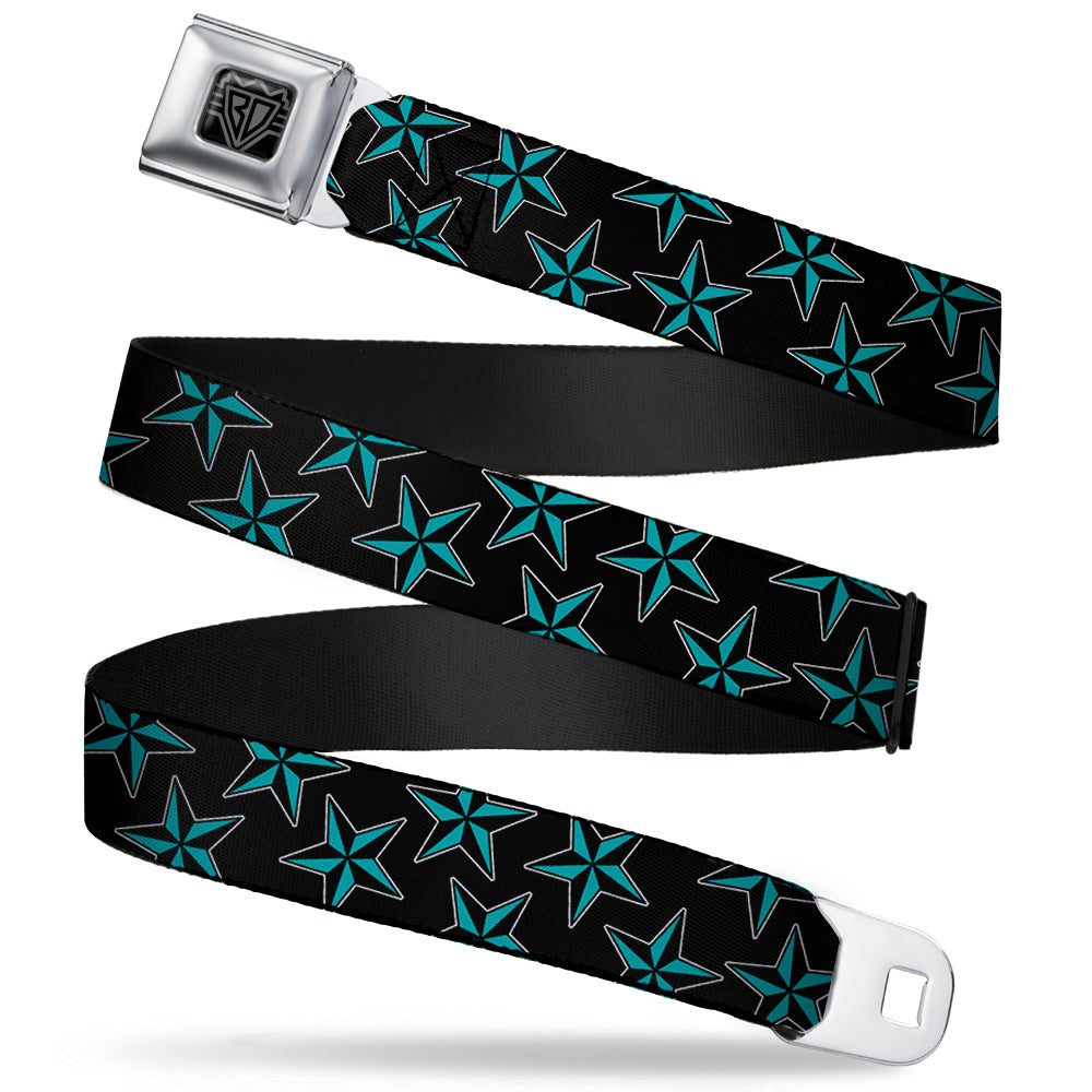 BD Wings Logo CLOSE-UP Full Color Black Silver Seatbelt Belt - Nautical Stars Scattered Black/Turquoise Webbing Seatbelt Belts Buckle-Down