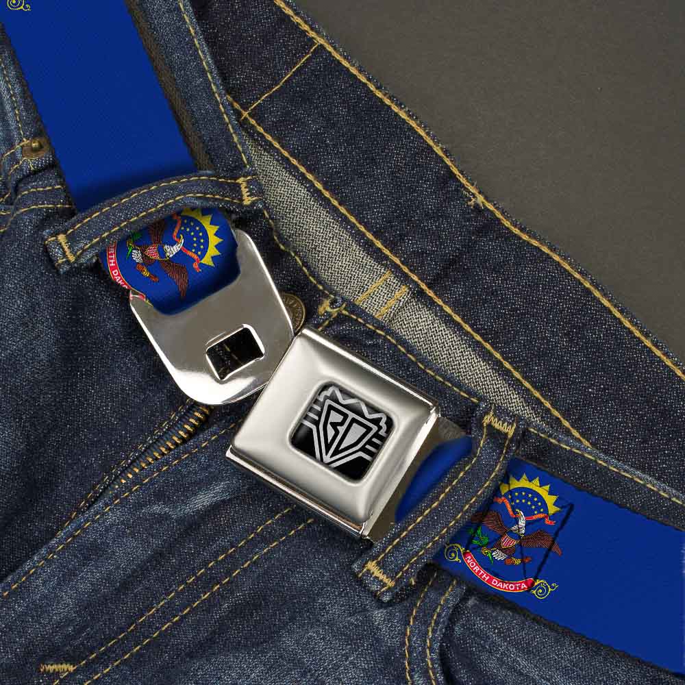 BD Wings Logo CLOSE-UP Full Color Black Silver Seatbelt Belt - North Dakota Flags Webbing Seatbelt Belts Buckle-Down