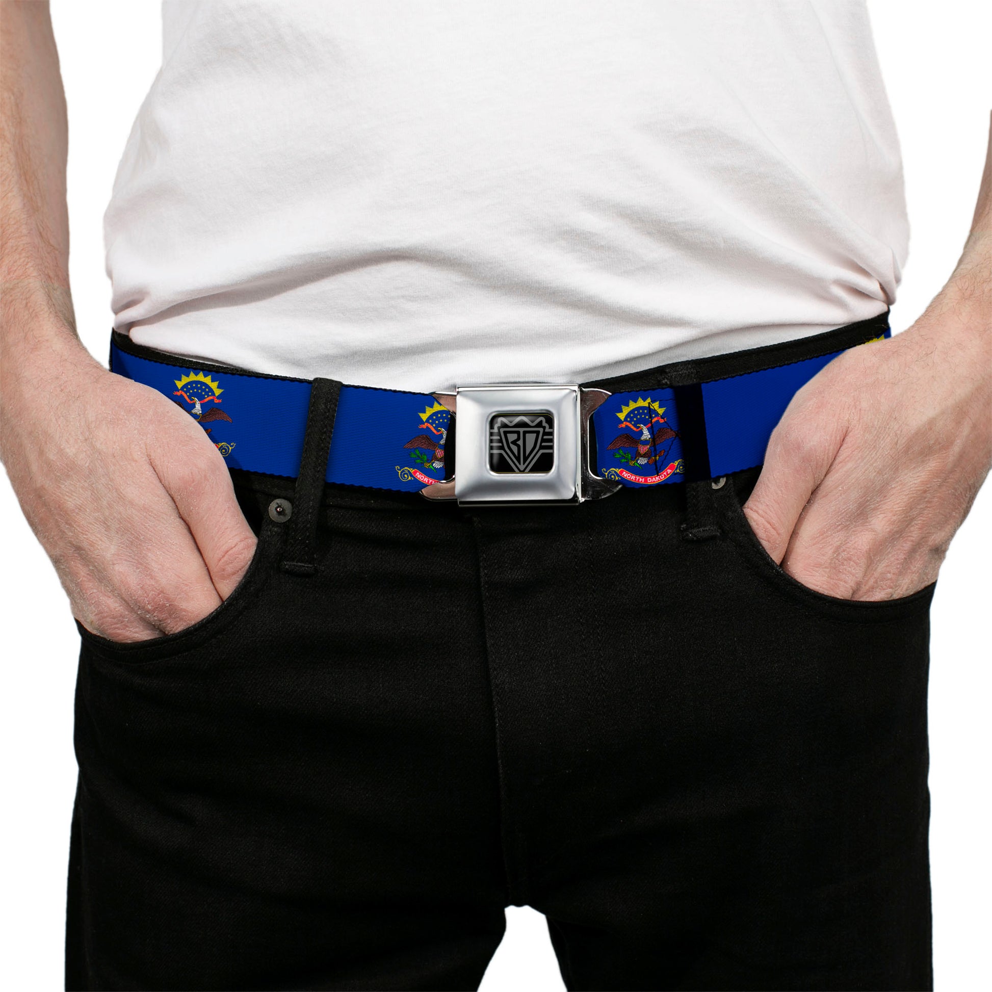 BD Wings Logo CLOSE-UP Full Color Black Silver Seatbelt Belt - North Dakota Flags Webbing Seatbelt Belts Buckle-Down