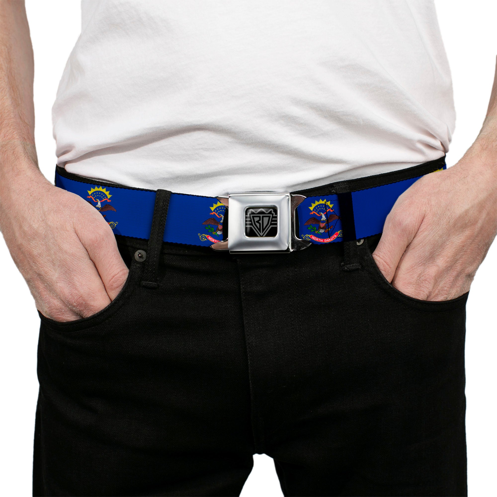 BD Wings Logo CLOSE-UP Full Color Black Silver Seatbelt Belt - North Dakota Flags Webbing Seatbelt Belts Buckle-Down