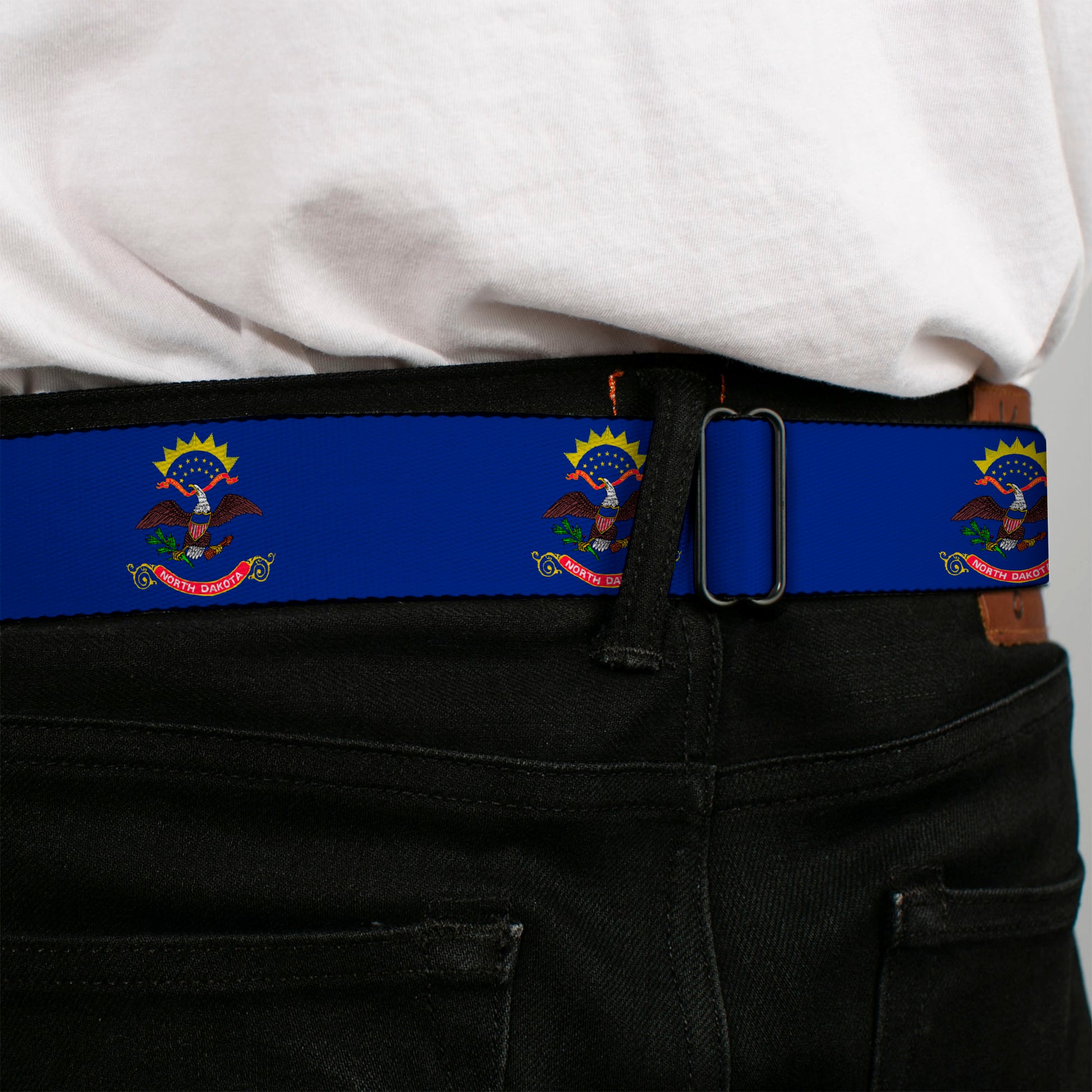 BD Wings Logo CLOSE-UP Full Color Black Silver Seatbelt Belt - North Dakota Flags Webbing Seatbelt Belts Buckle-Down