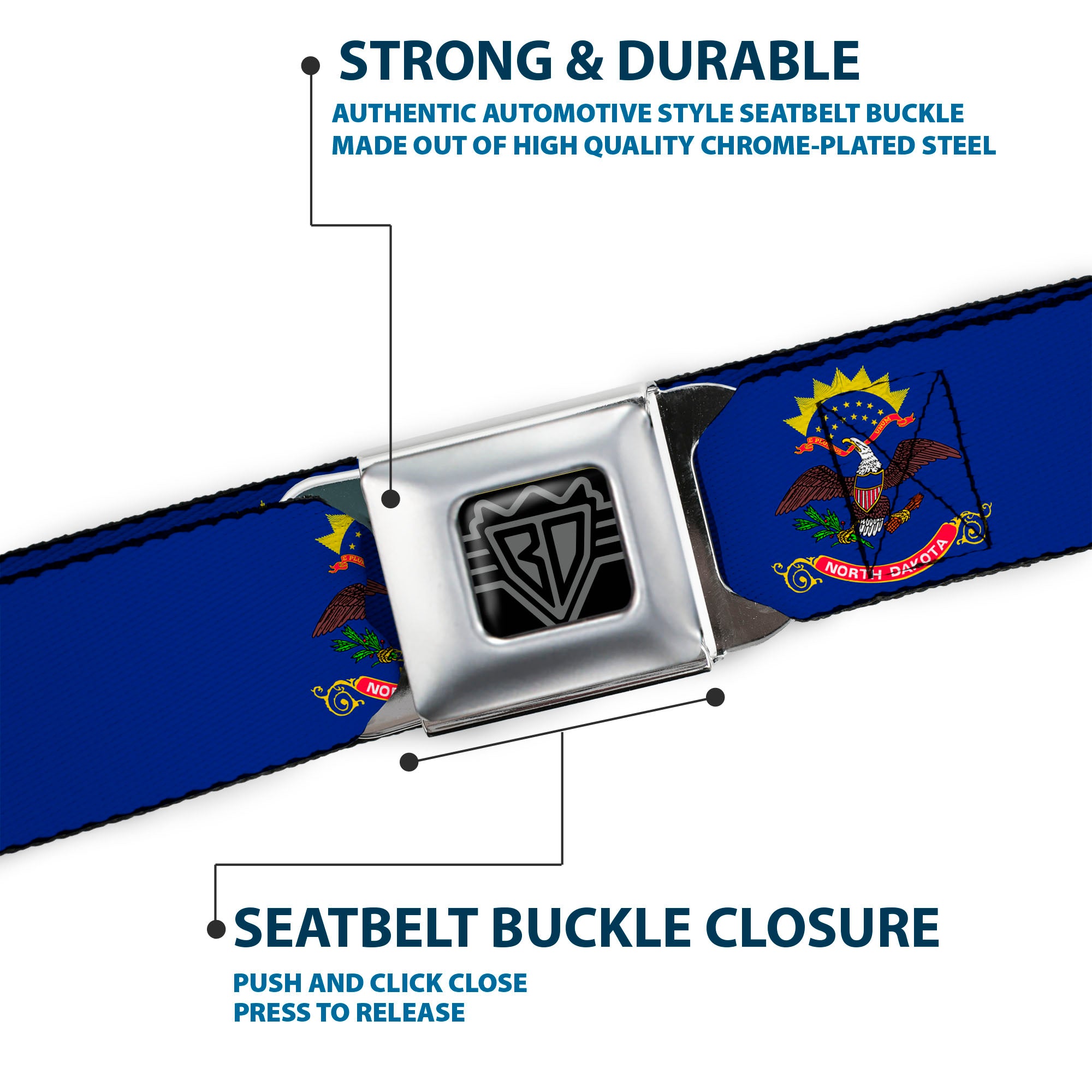 BD Wings Logo CLOSE-UP Full Color Black Silver Seatbelt Belt - North Dakota Flags Webbing Seatbelt Belts Buckle-Down