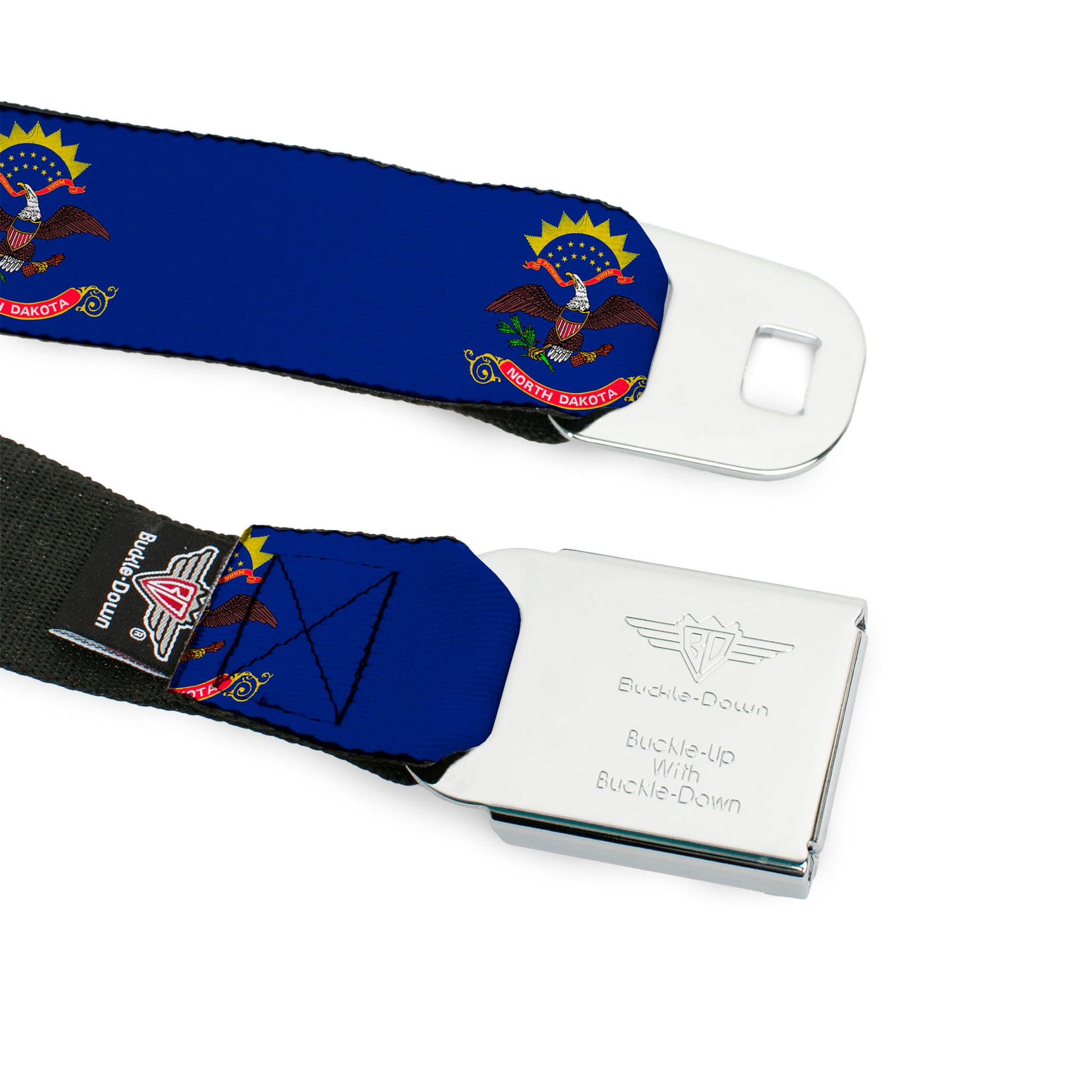 BD Wings Logo CLOSE-UP Full Color Black Silver Seatbelt Belt - North Dakota Flags Webbing Seatbelt Belts Buckle-Down
