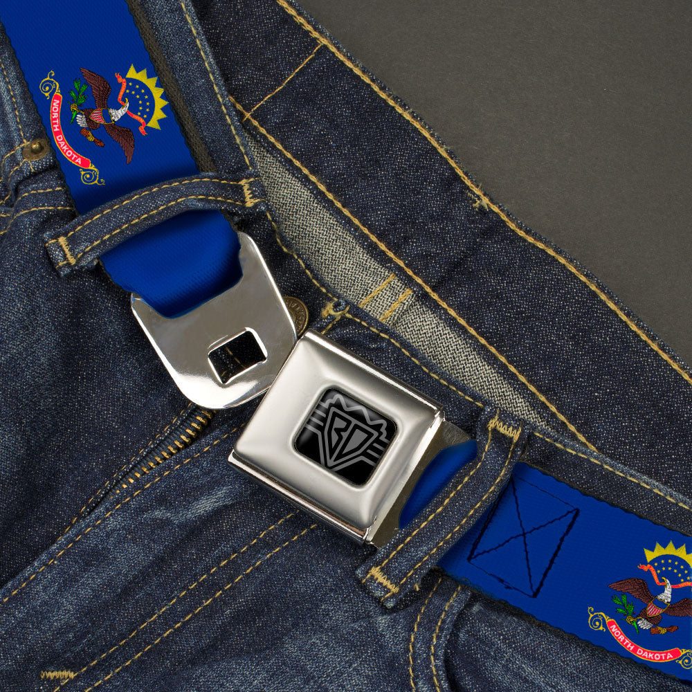 BD Wings Logo CLOSE-UP Black/Silver Seatbelt Belt - North Dakota Flags2 Webbing Seatbelt Belts Buckle-Down