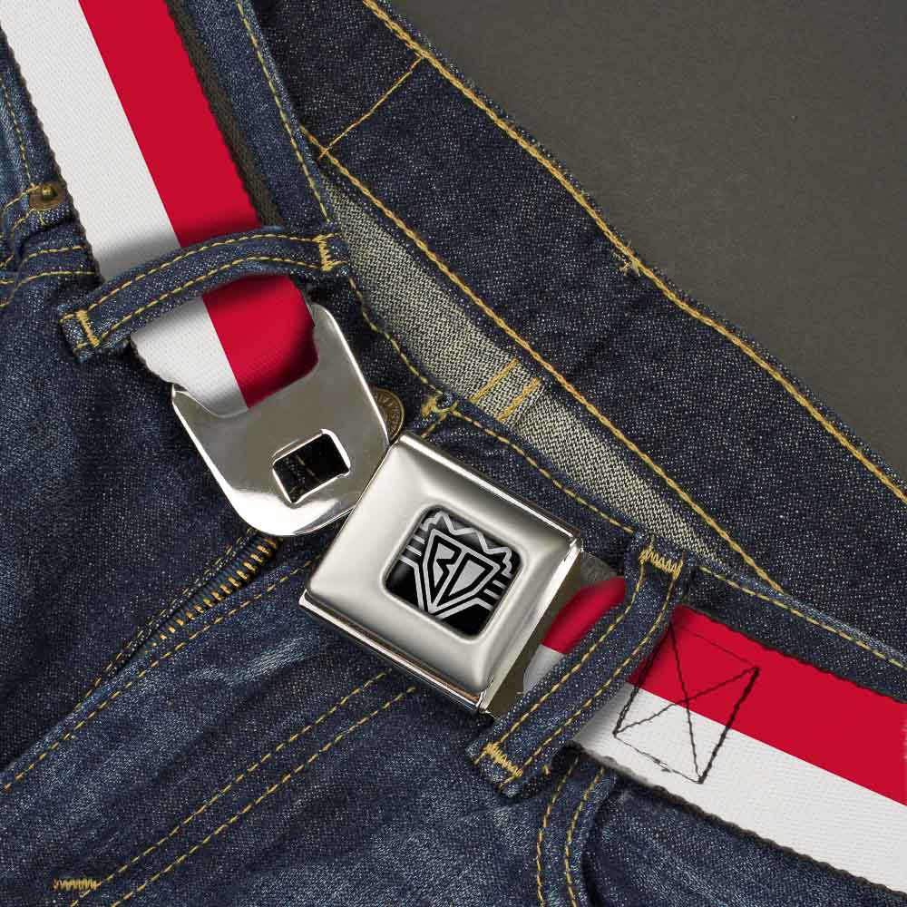 BD Wings Logo CLOSE-UP Full Color Black Silver Seatbelt Belt - North Carolina Flag Stripe Red/White Webbing Seatbelt Belts Buckle-Down