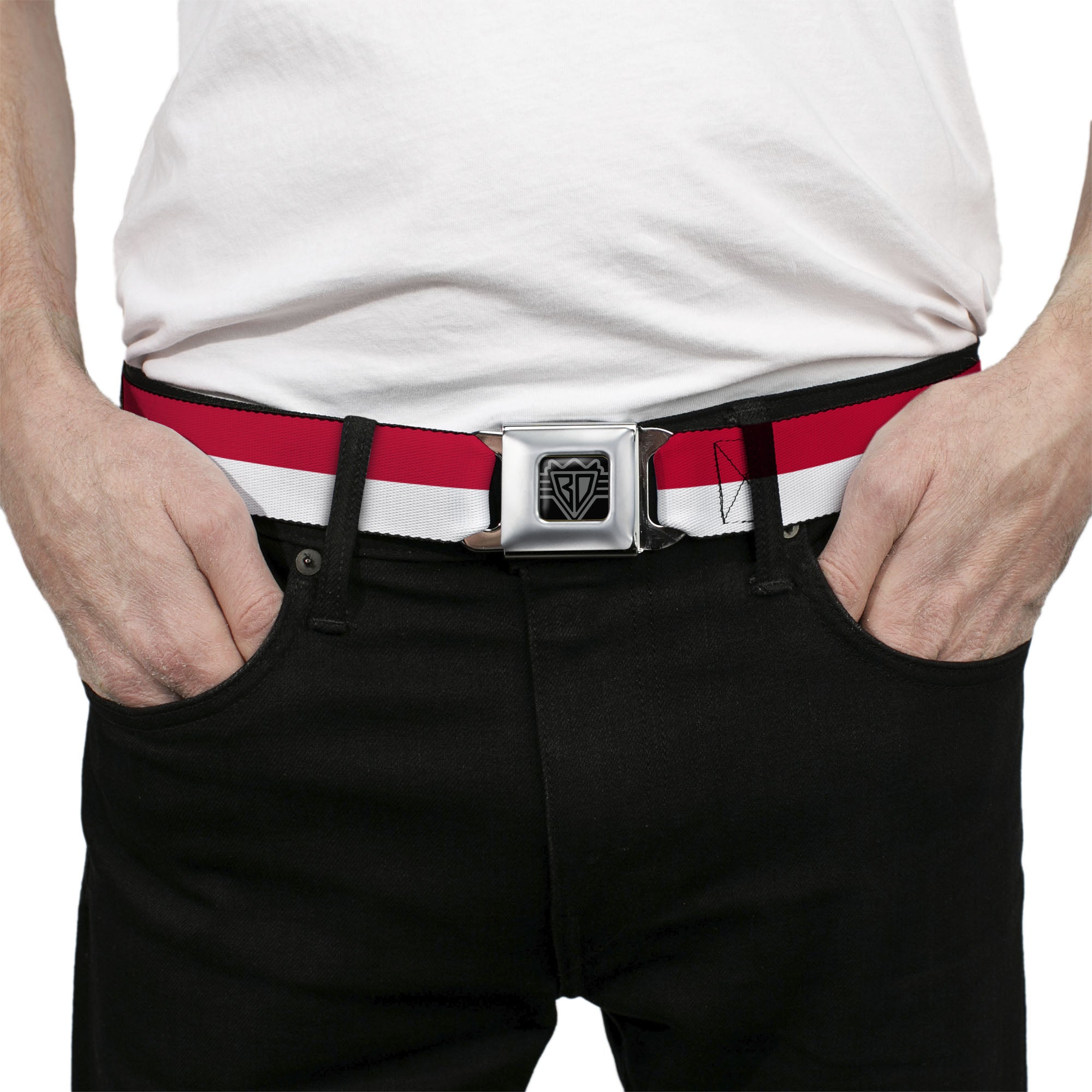 BD Wings Logo CLOSE-UP Full Color Black Silver Seatbelt Belt - North Carolina Flag Stripe Red/White Webbing Seatbelt Belts Buckle-Down