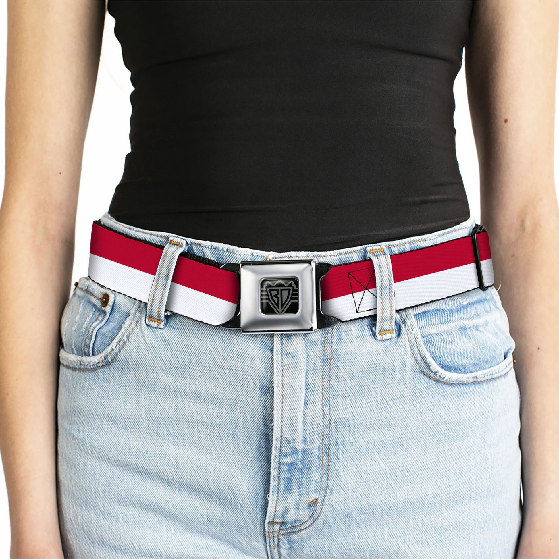 BD Wings Logo CLOSE-UP Full Color Black Silver Seatbelt Belt - North Carolina Flag Stripe Red/White Webbing Seatbelt Belts Buckle-Down
