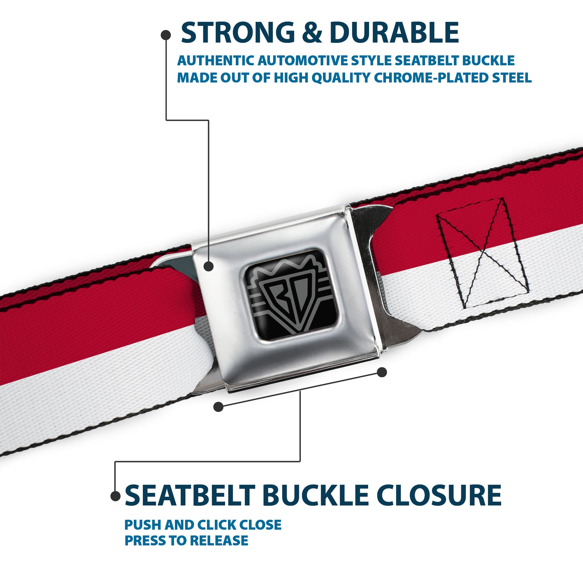 BD Wings Logo CLOSE-UP Full Color Black Silver Seatbelt Belt - North Carolina Flag Stripe Red/White Webbing Seatbelt Belts Buckle-Down