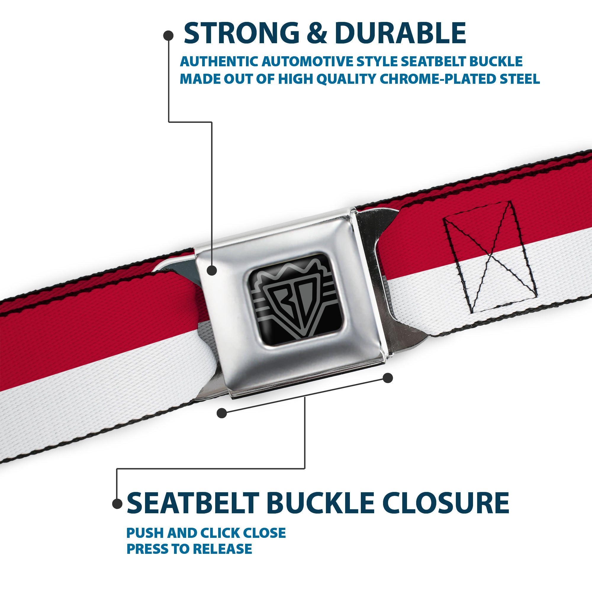 BD Wings Logo CLOSE-UP Full Color Black Silver Seatbelt Belt - North Carolina Flag Stripe Red/White Webbing Seatbelt Belts Buckle-Down