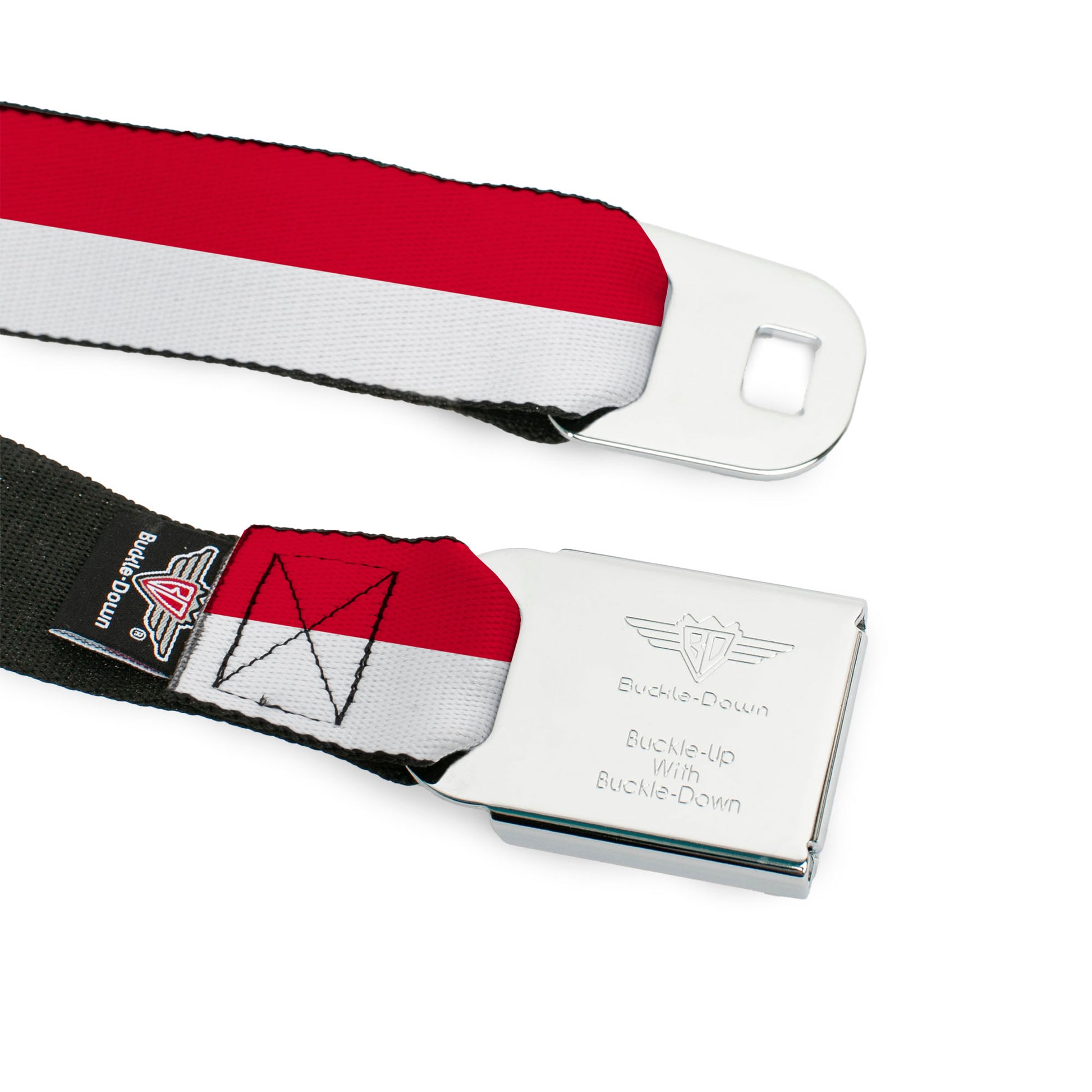 BD Wings Logo CLOSE-UP Full Color Black Silver Seatbelt Belt - North Carolina Flag Stripe Red/White Webbing Seatbelt Belts Buckle-Down