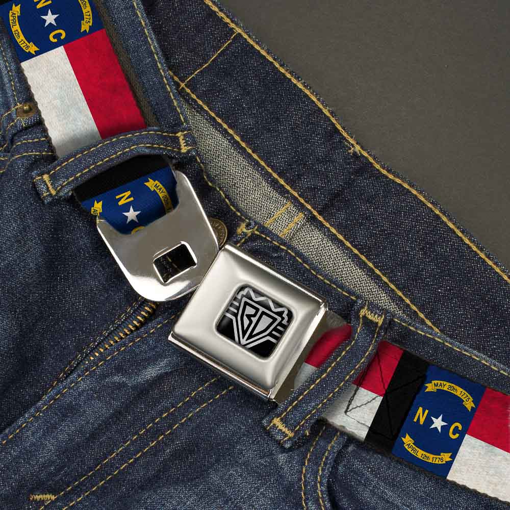 BD Wings Logo CLOSE-UP Full Color Black Silver Seatbelt Belt - North Carolina Flag Distressed/Black Webbing Seatbelt Belts Buckle-Down