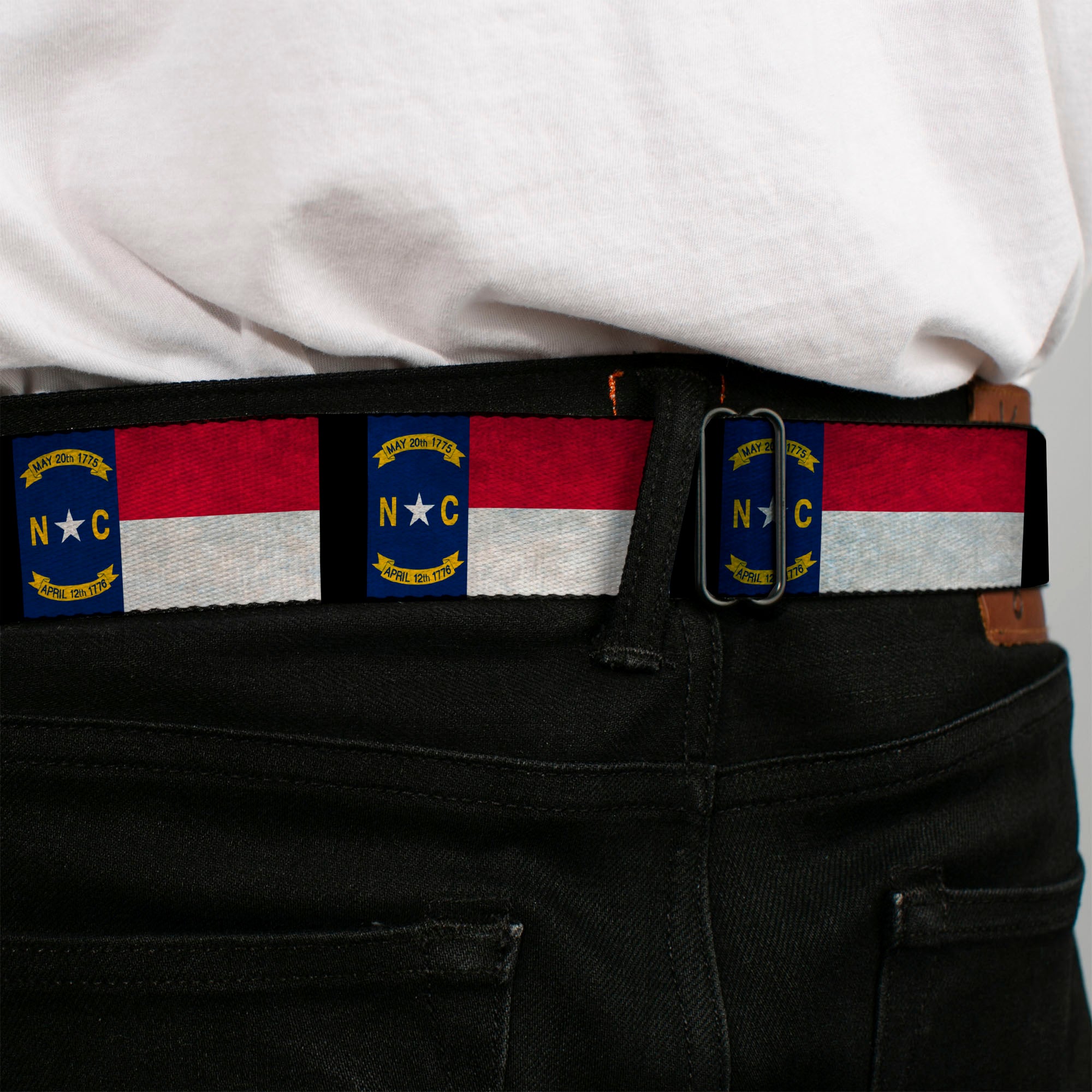 BD Wings Logo CLOSE-UP Full Color Black Silver Seatbelt Belt - North Carolina Flag Distressed/Black Webbing Seatbelt Belts Buckle-Down