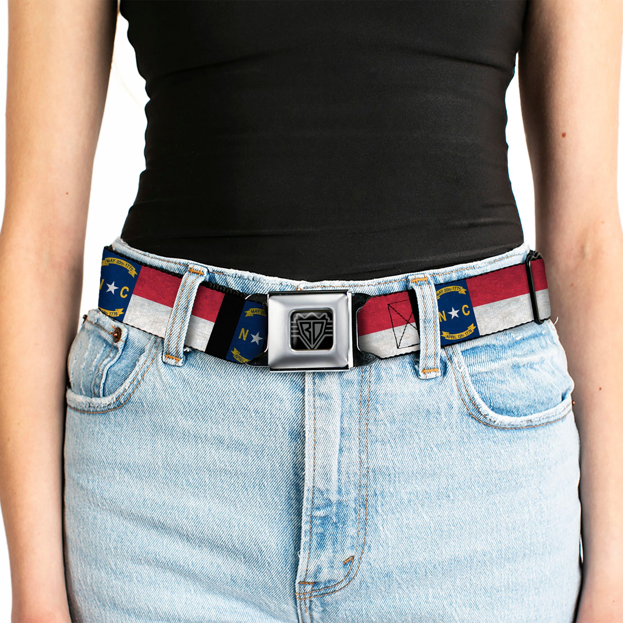 BD Wings Logo CLOSE-UP Full Color Black Silver Seatbelt Belt - North Carolina Flag Distressed/Black Webbing Seatbelt Belts Buckle-Down