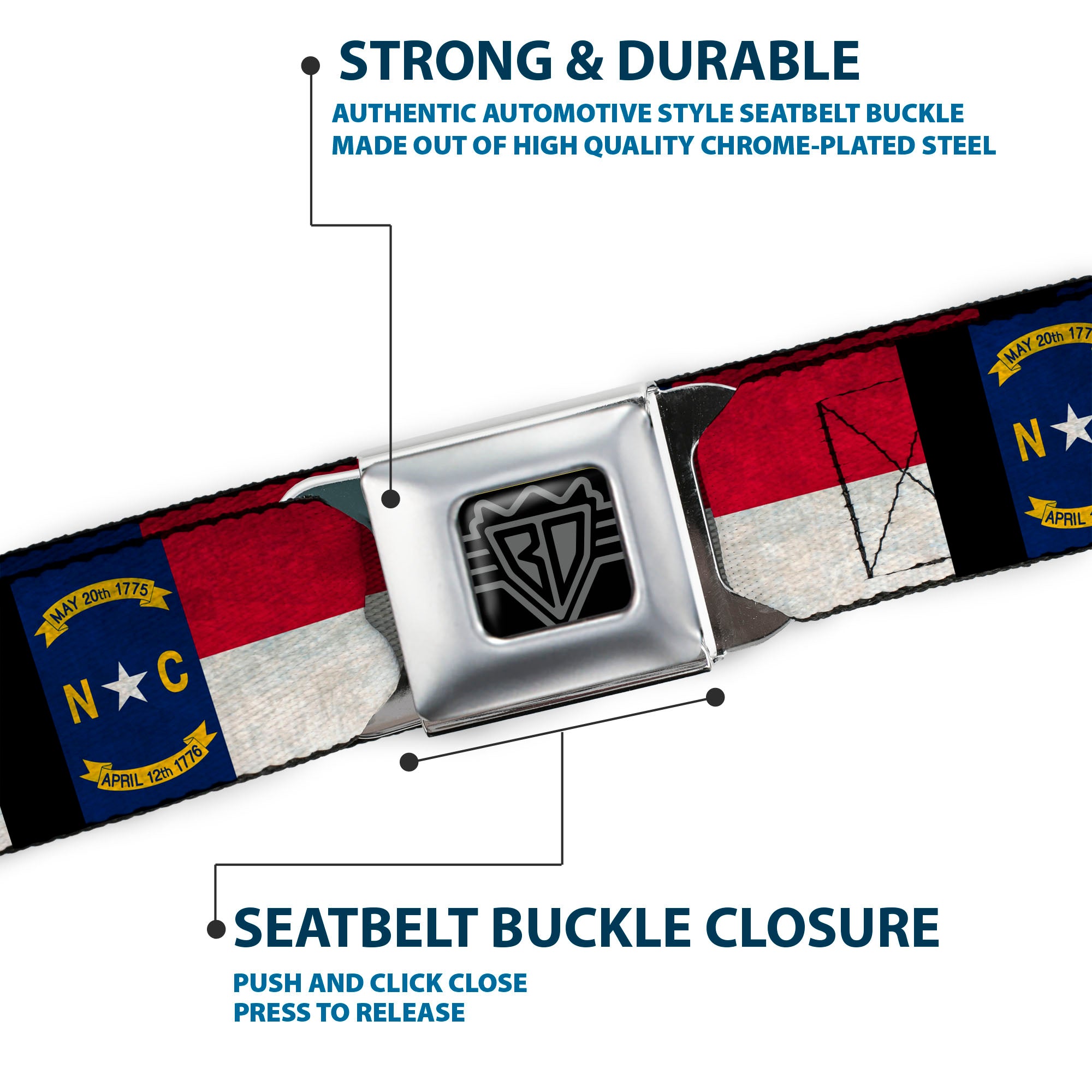 BD Wings Logo CLOSE-UP Full Color Black Silver Seatbelt Belt - North Carolina Flag Distressed/Black Webbing Seatbelt Belts Buckle-Down