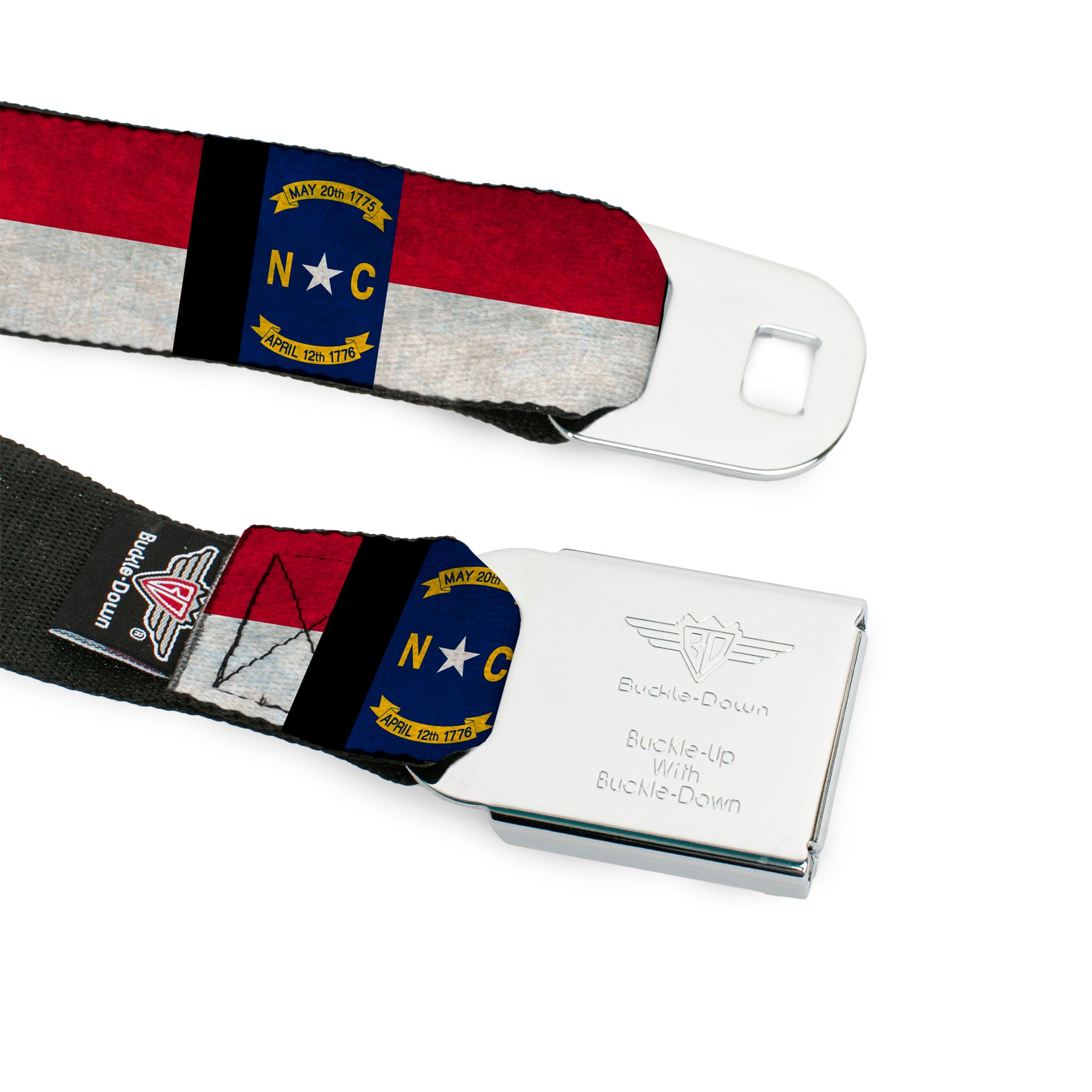 BD Wings Logo CLOSE-UP Full Color Black Silver Seatbelt Belt - North Carolina Flag Distressed/Black Webbing Seatbelt Belts Buckle-Down
