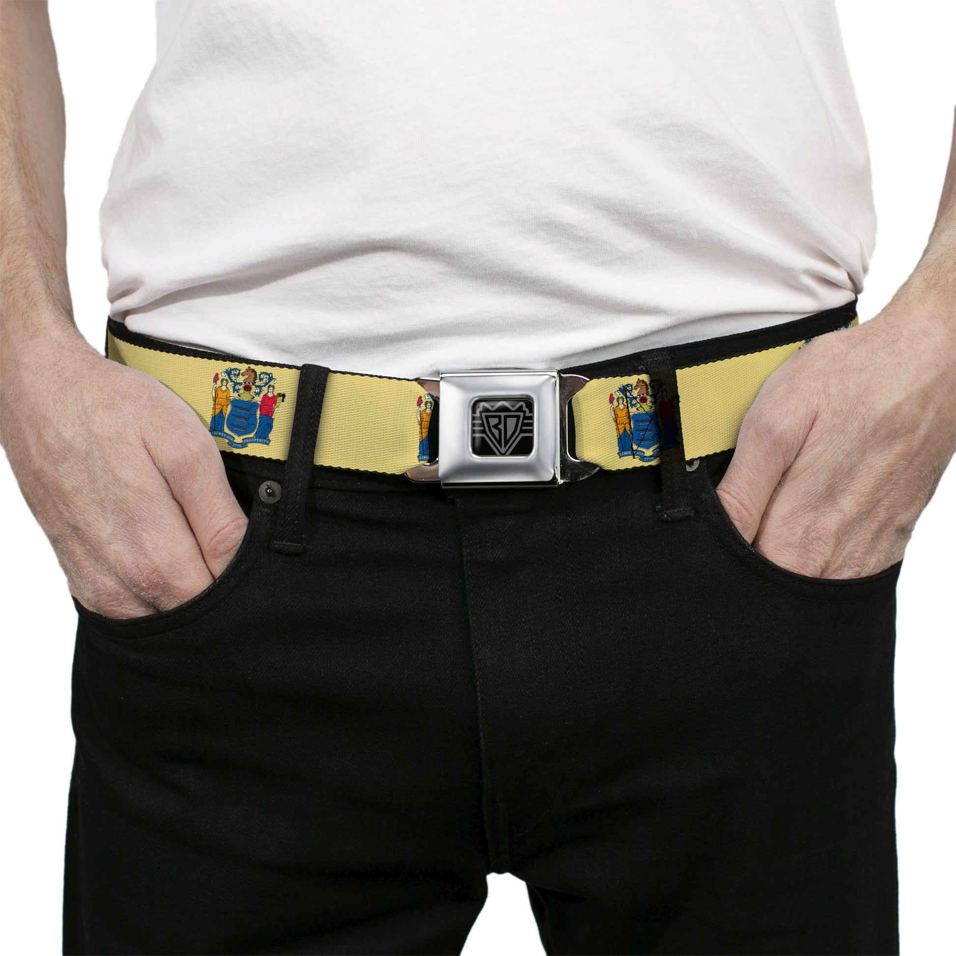 BD Wings Logo CLOSE-UP Full Color Black Silver Seatbelt Belt - New Jersey Flag Webbing Seatbelt Belts Buckle-Down