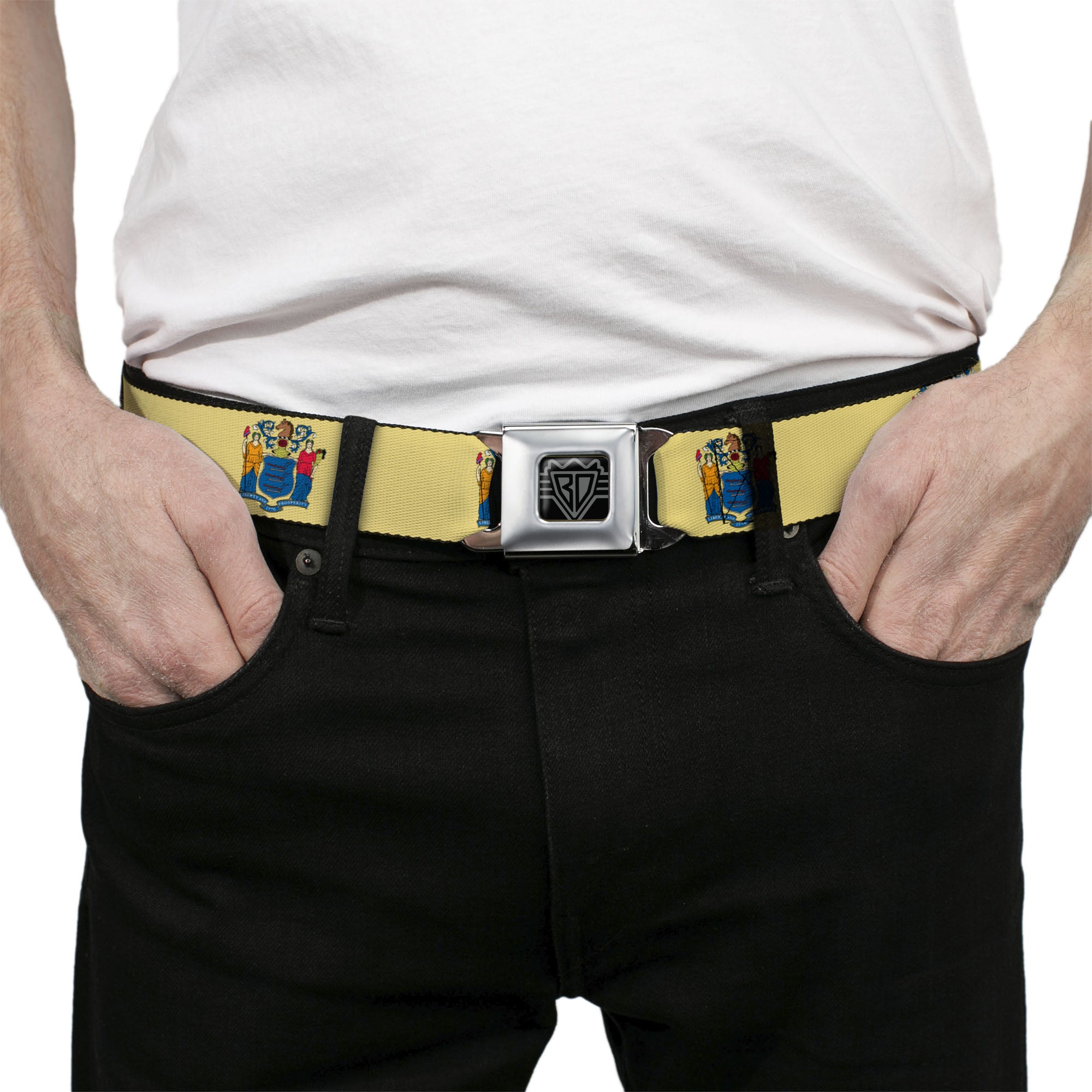 BD Wings Logo CLOSE-UP Full Color Black Silver Seatbelt Belt - New Jersey Flag Webbing Seatbelt Belts Buckle-Down