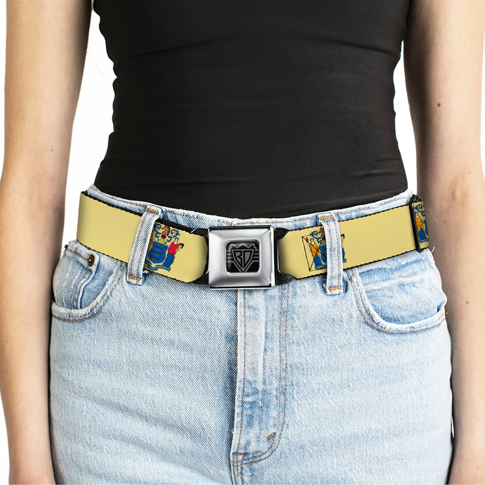 BD Wings Logo CLOSE-UP Full Color Black Silver Seatbelt Belt - New Jersey Flag Webbing Seatbelt Belts Buckle-Down