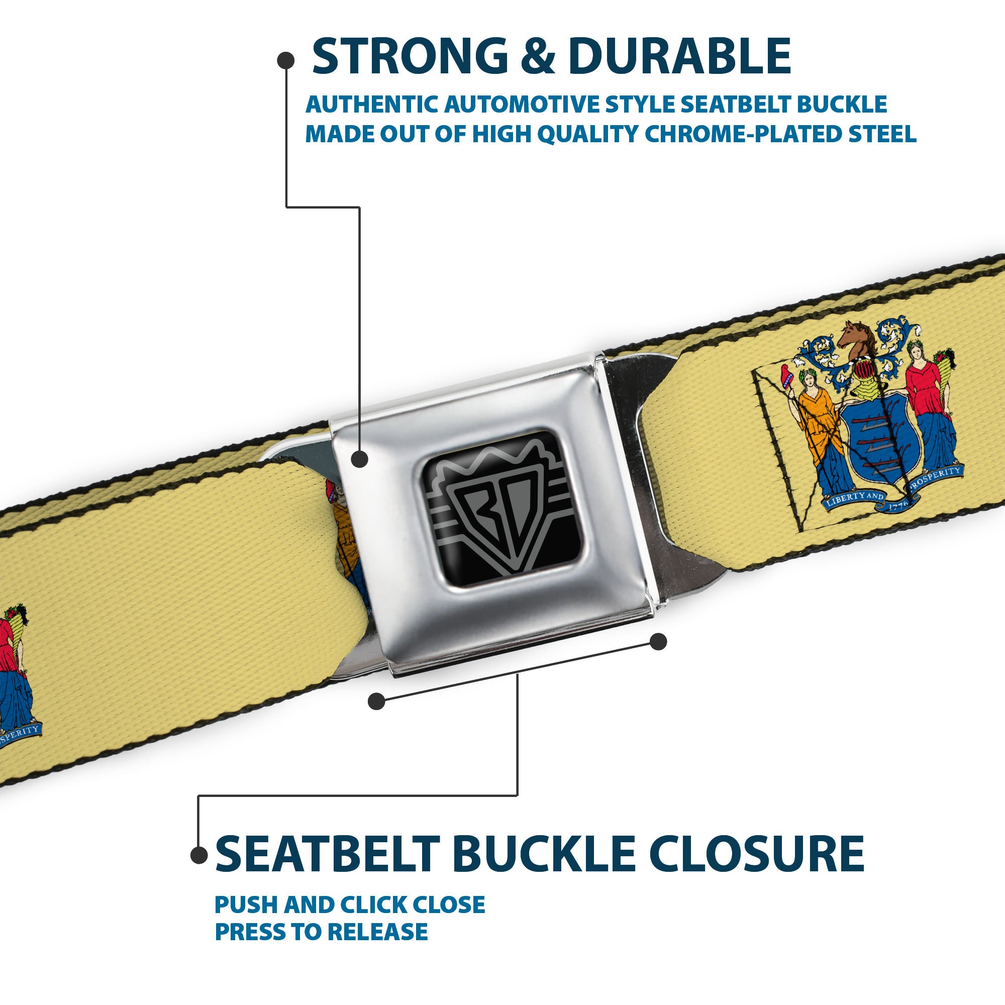 BD Wings Logo CLOSE-UP Full Color Black Silver Seatbelt Belt - New Jersey Flag Webbing Seatbelt Belts Buckle-Down