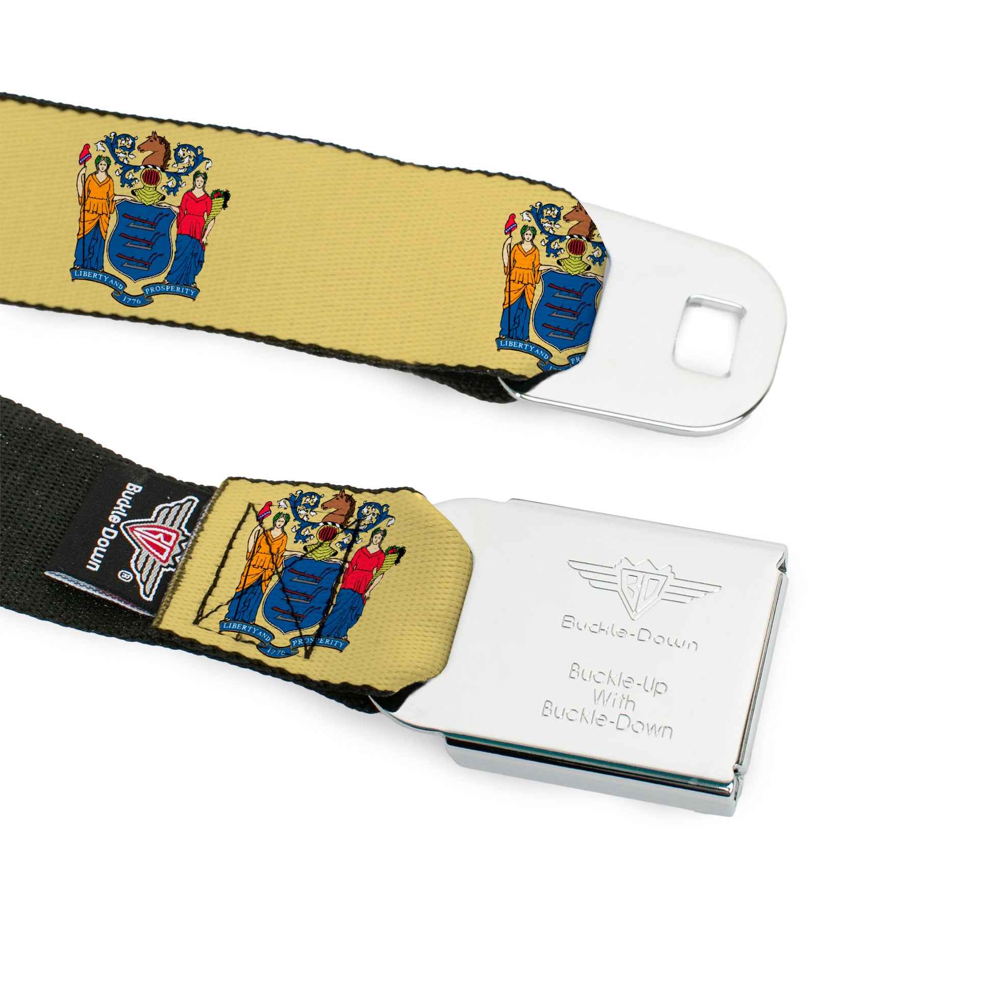 BD Wings Logo CLOSE-UP Full Color Black Silver Seatbelt Belt - New Jersey Flag Webbing Seatbelt Belts Buckle-Down