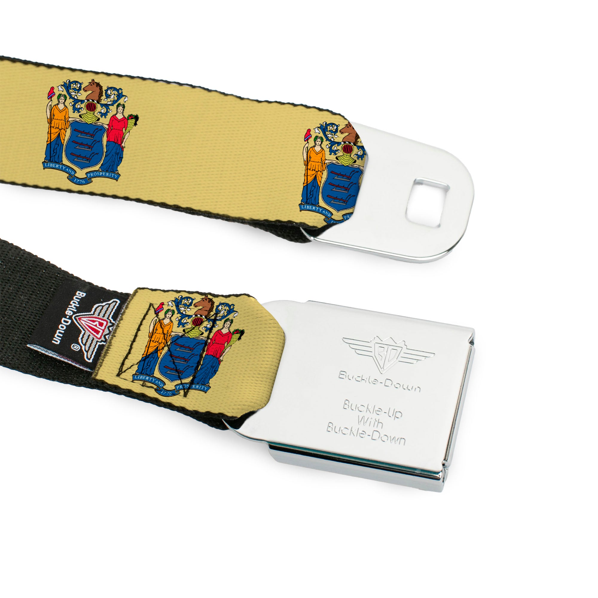 BD Wings Logo CLOSE-UP Full Color Black Silver Seatbelt Belt - New Jersey Flag Webbing Seatbelt Belts Buckle-Down