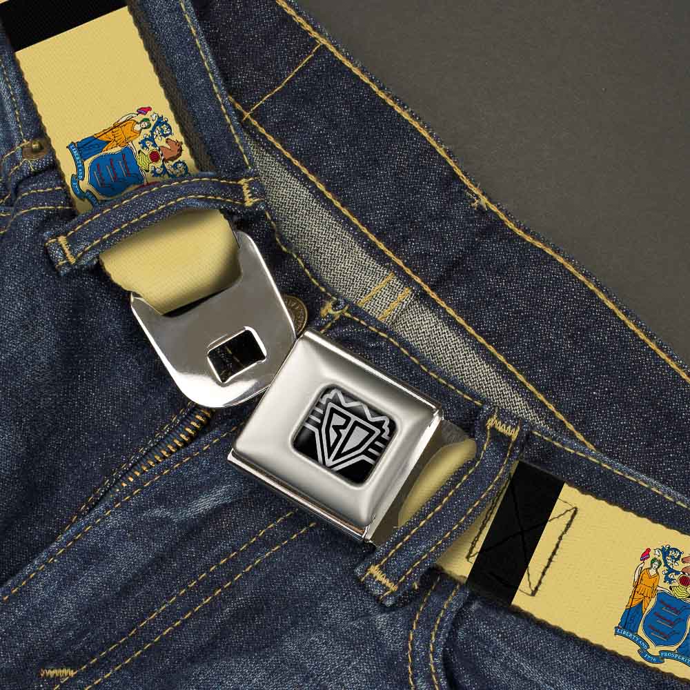 BD Wings Logo CLOSE-UP Full Color Black Silver Seatbelt Belt - New Jersey Flags/Black Webbing Seatbelt Belts Buckle-Down