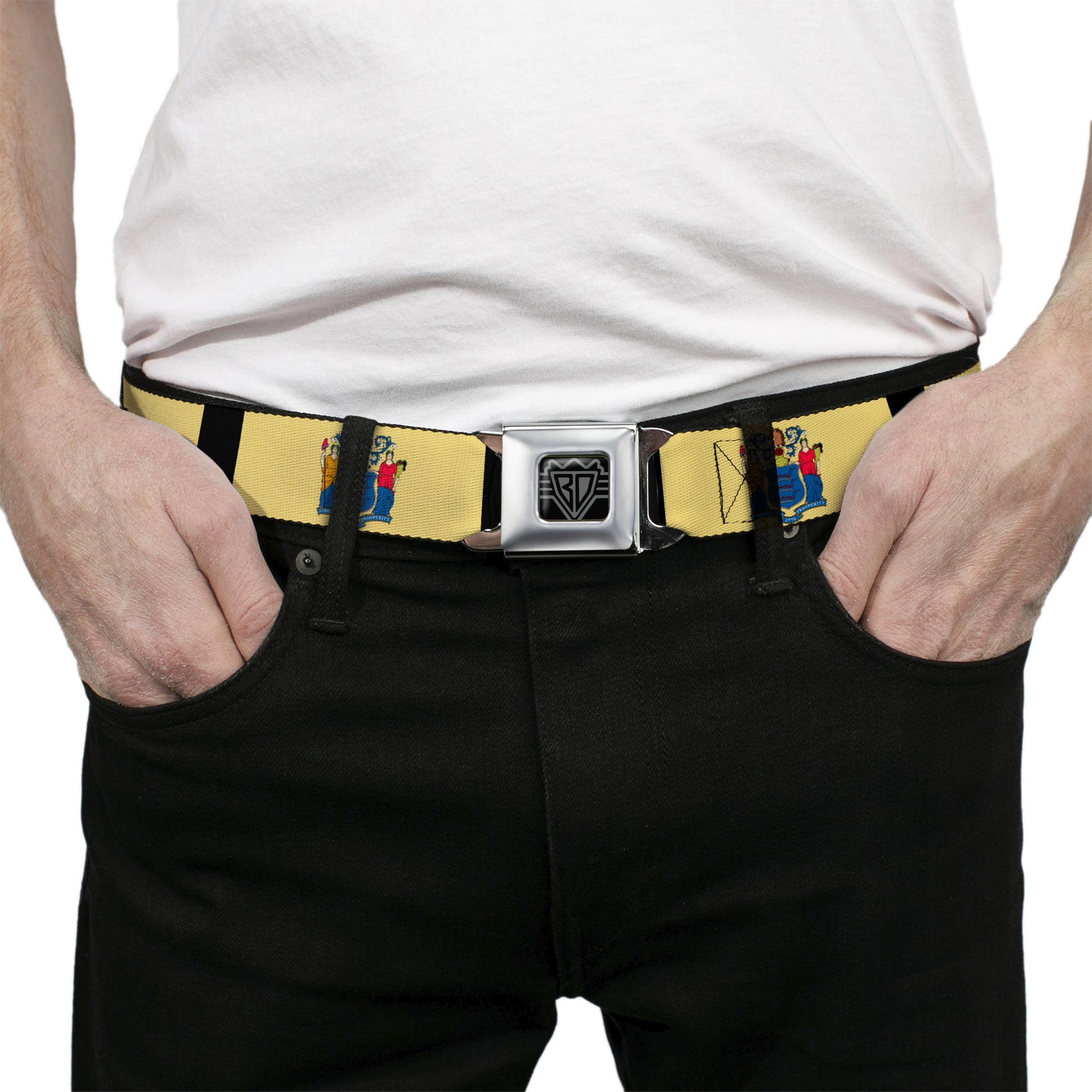 BD Wings Logo CLOSE-UP Full Color Black Silver Seatbelt Belt - New Jersey Flags/Black Webbing Seatbelt Belts Buckle-Down