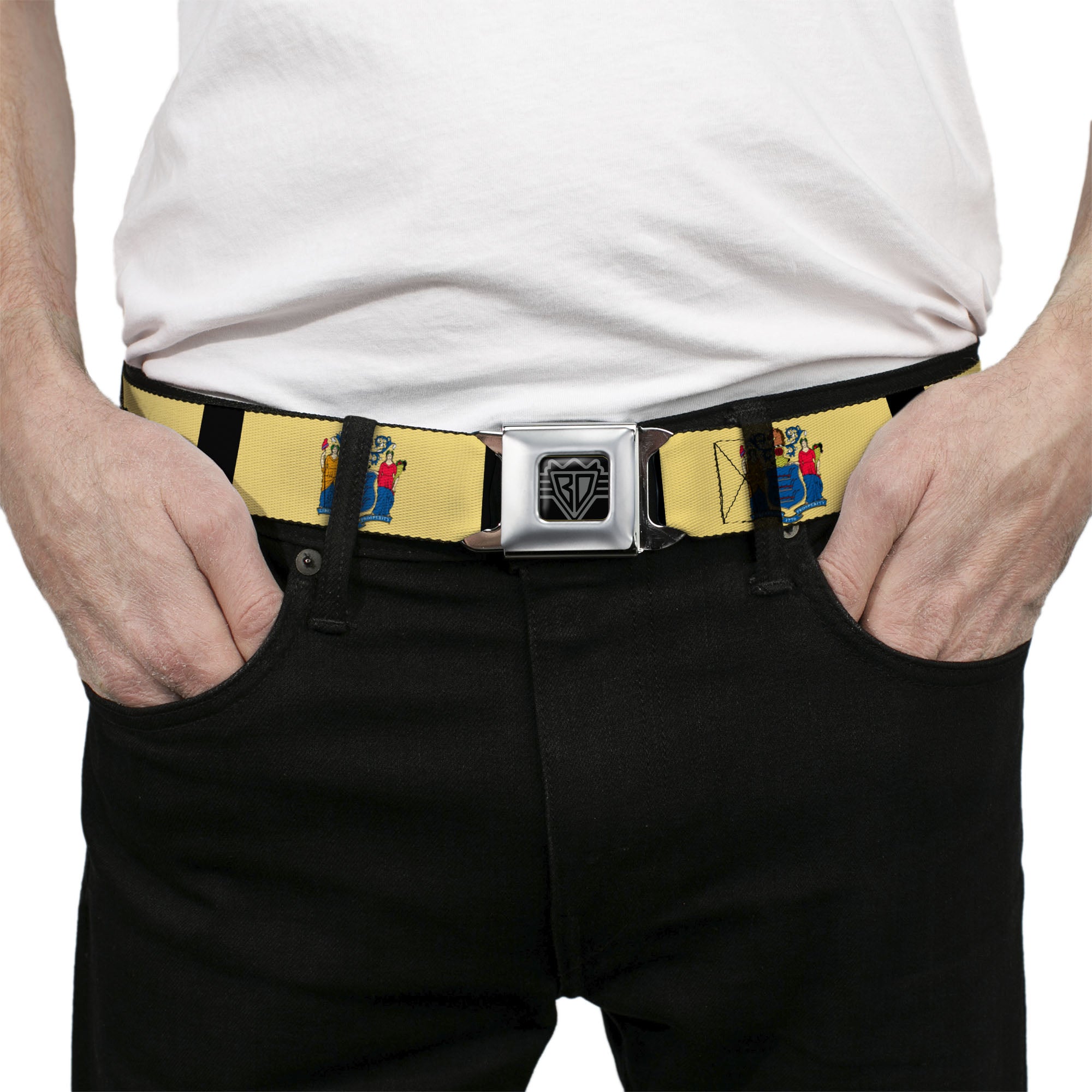 BD Wings Logo CLOSE-UP Full Color Black Silver Seatbelt Belt - New Jersey Flags/Black Webbing Seatbelt Belts Buckle-Down