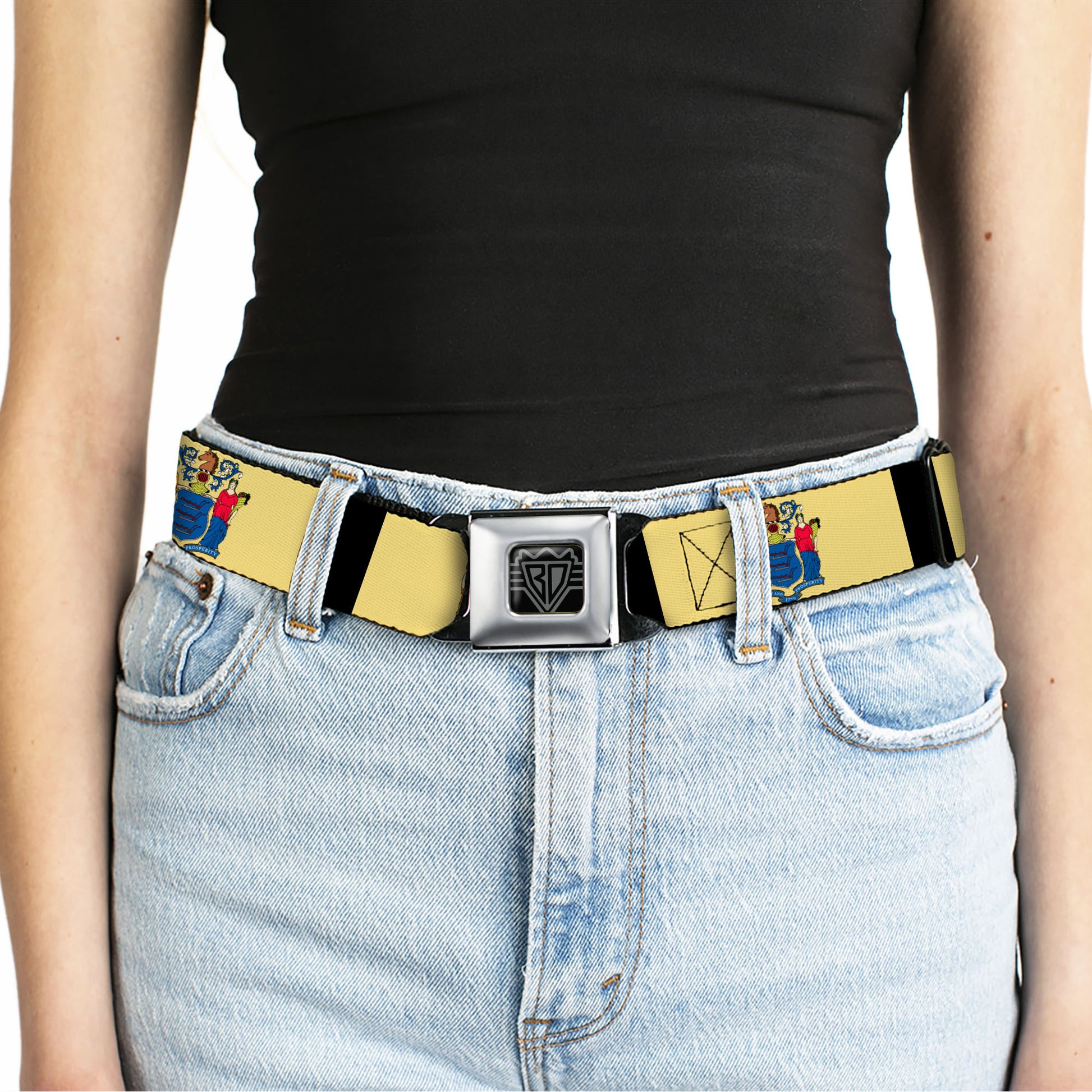 BD Wings Logo CLOSE-UP Full Color Black Silver Seatbelt Belt - New Jersey Flags/Black Webbing Seatbelt Belts Buckle-Down