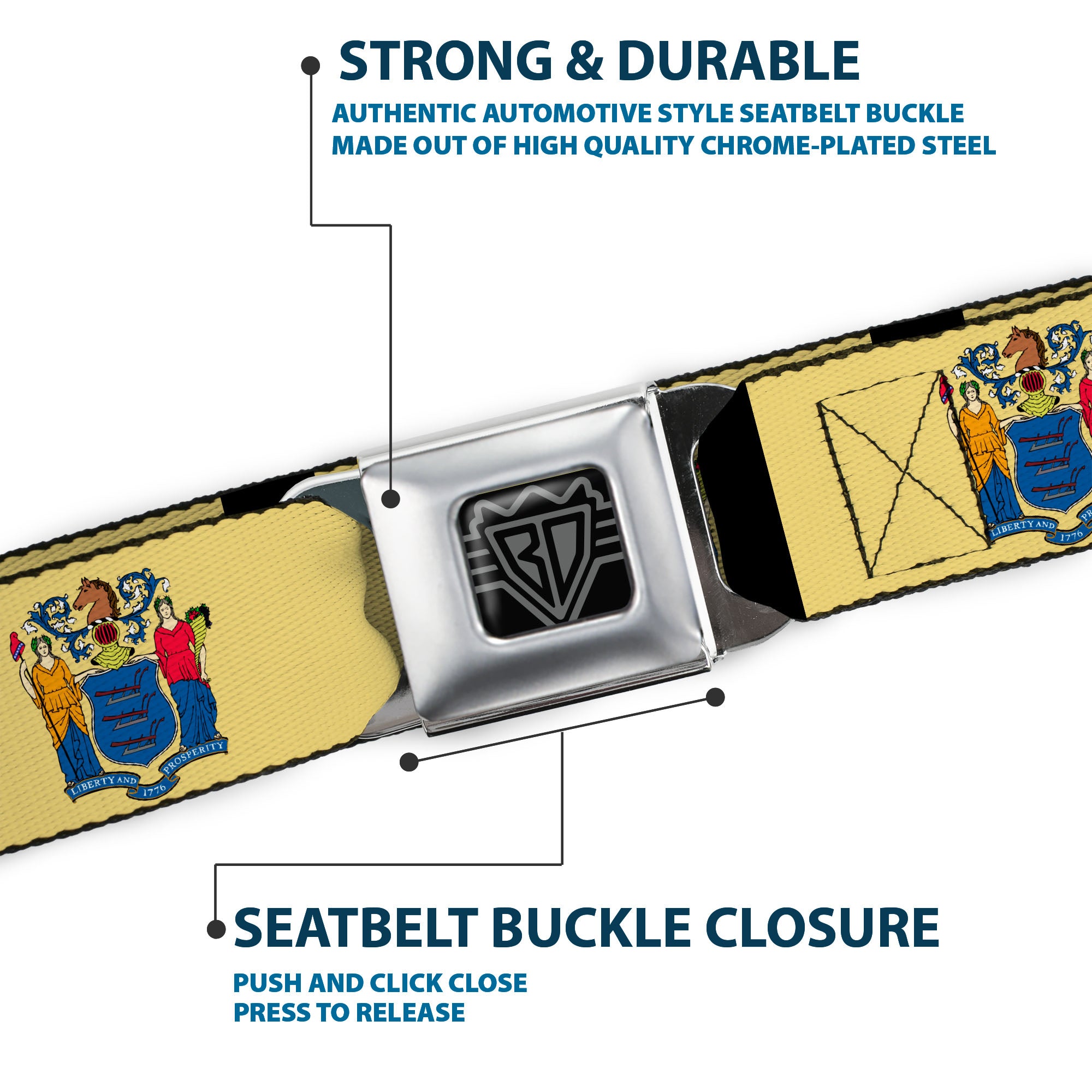 BD Wings Logo CLOSE-UP Full Color Black Silver Seatbelt Belt - New Jersey Flags/Black Webbing Seatbelt Belts Buckle-Down