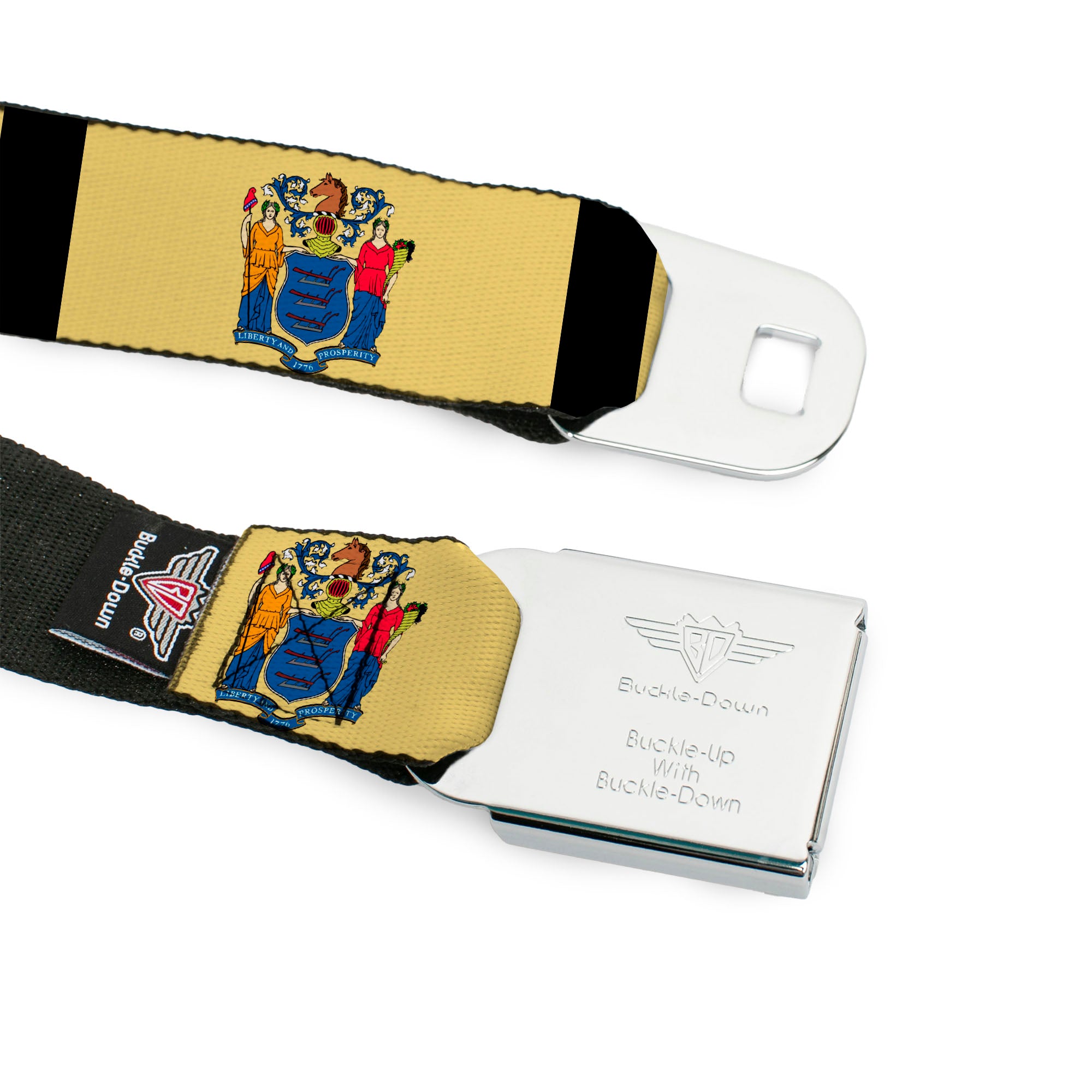 BD Wings Logo CLOSE-UP Full Color Black Silver Seatbelt Belt - New Jersey Flags/Black Webbing Seatbelt Belts Buckle-Down