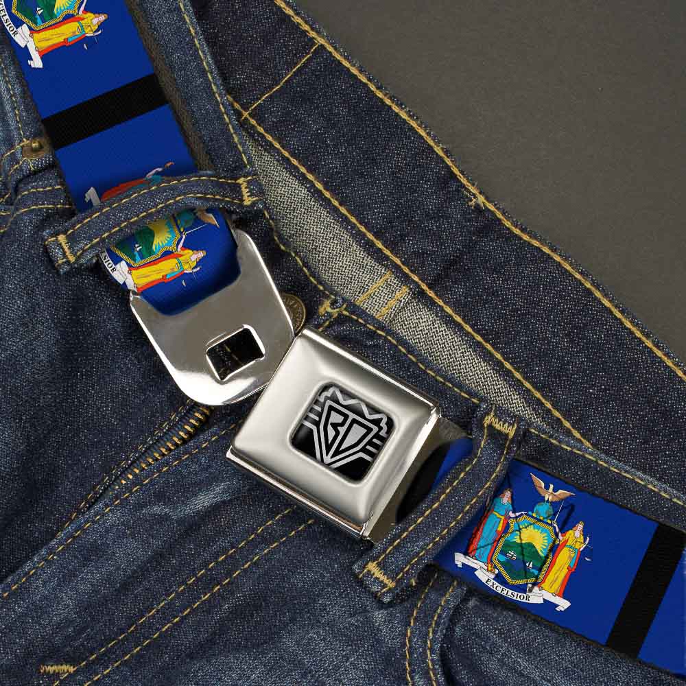 BD Wings Logo CLOSE-UP Full Color Black Silver Seatbelt Belt - New York Flags/Black Webbing Seatbelt Belts Buckle-Down