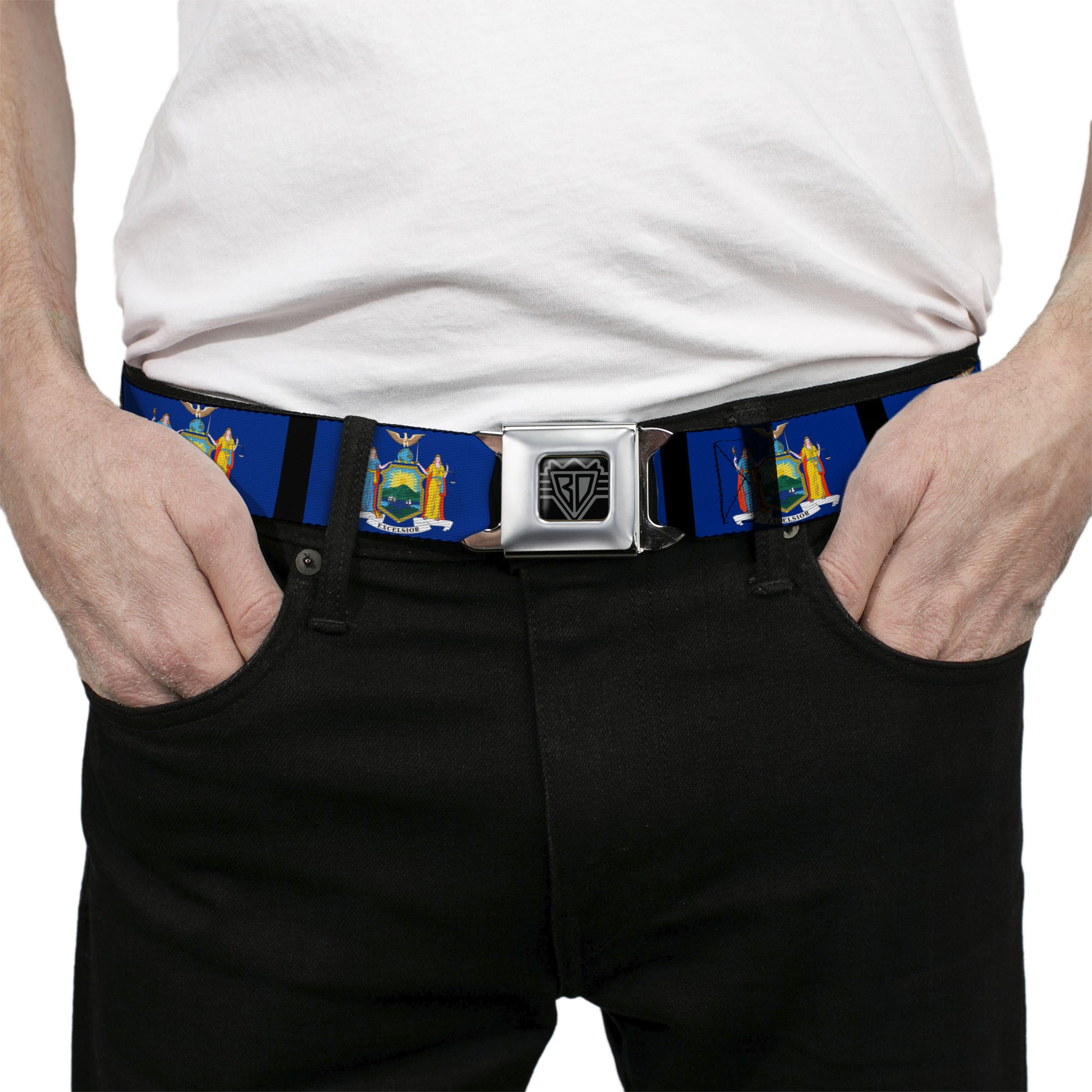 BD Wings Logo CLOSE-UP Full Color Black Silver Seatbelt Belt - New York Flags/Black Webbing Seatbelt Belts Buckle-Down