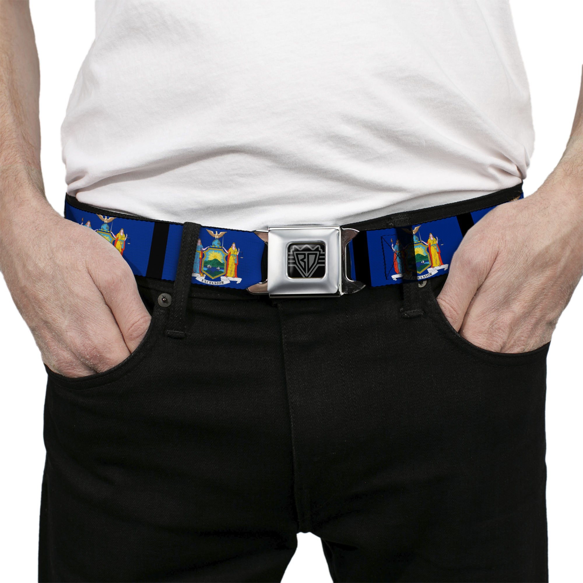 BD Wings Logo CLOSE-UP Full Color Black Silver Seatbelt Belt - New York Flags/Black Webbing Seatbelt Belts Buckle-Down