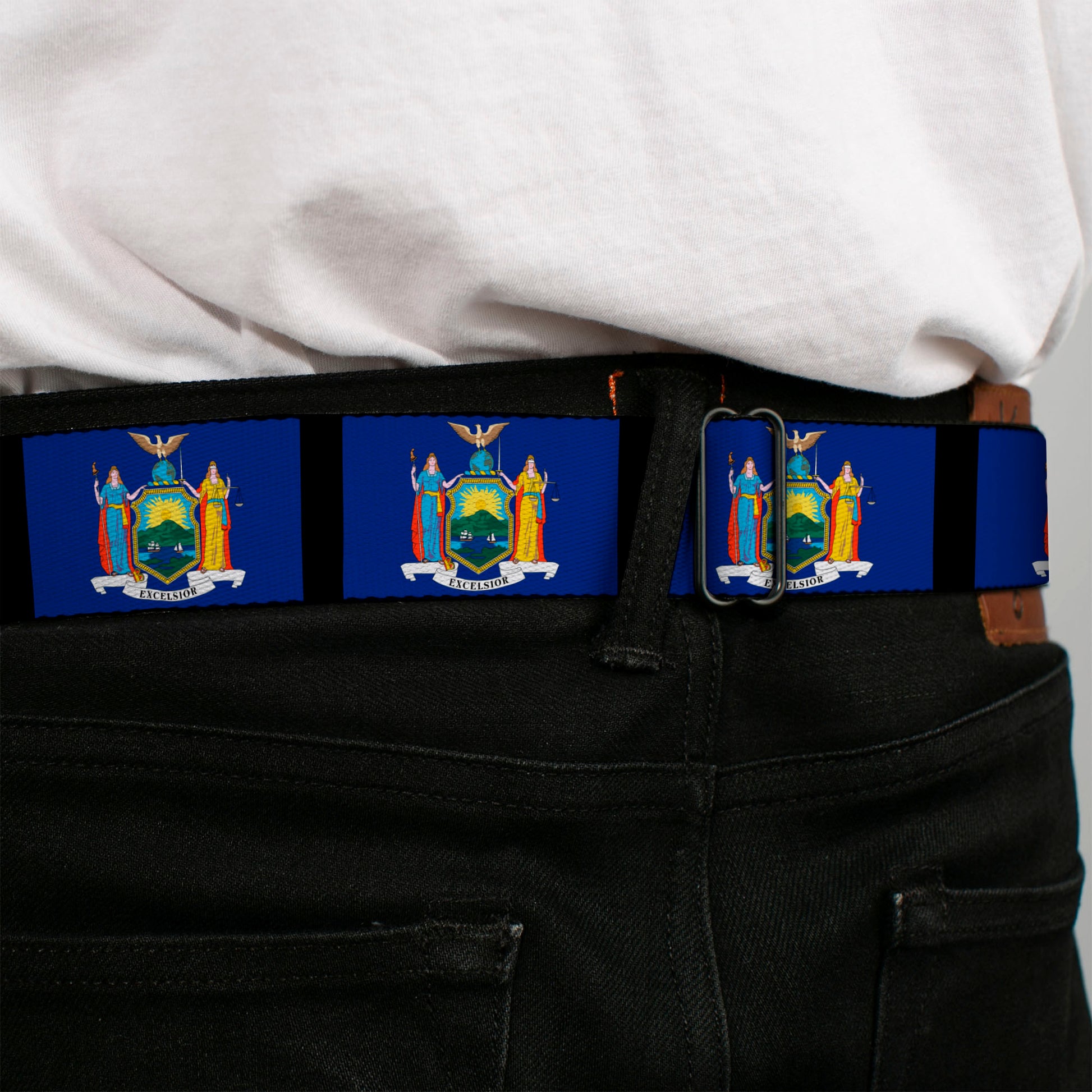 BD Wings Logo CLOSE-UP Full Color Black Silver Seatbelt Belt - New York Flags/Black Webbing Seatbelt Belts Buckle-Down