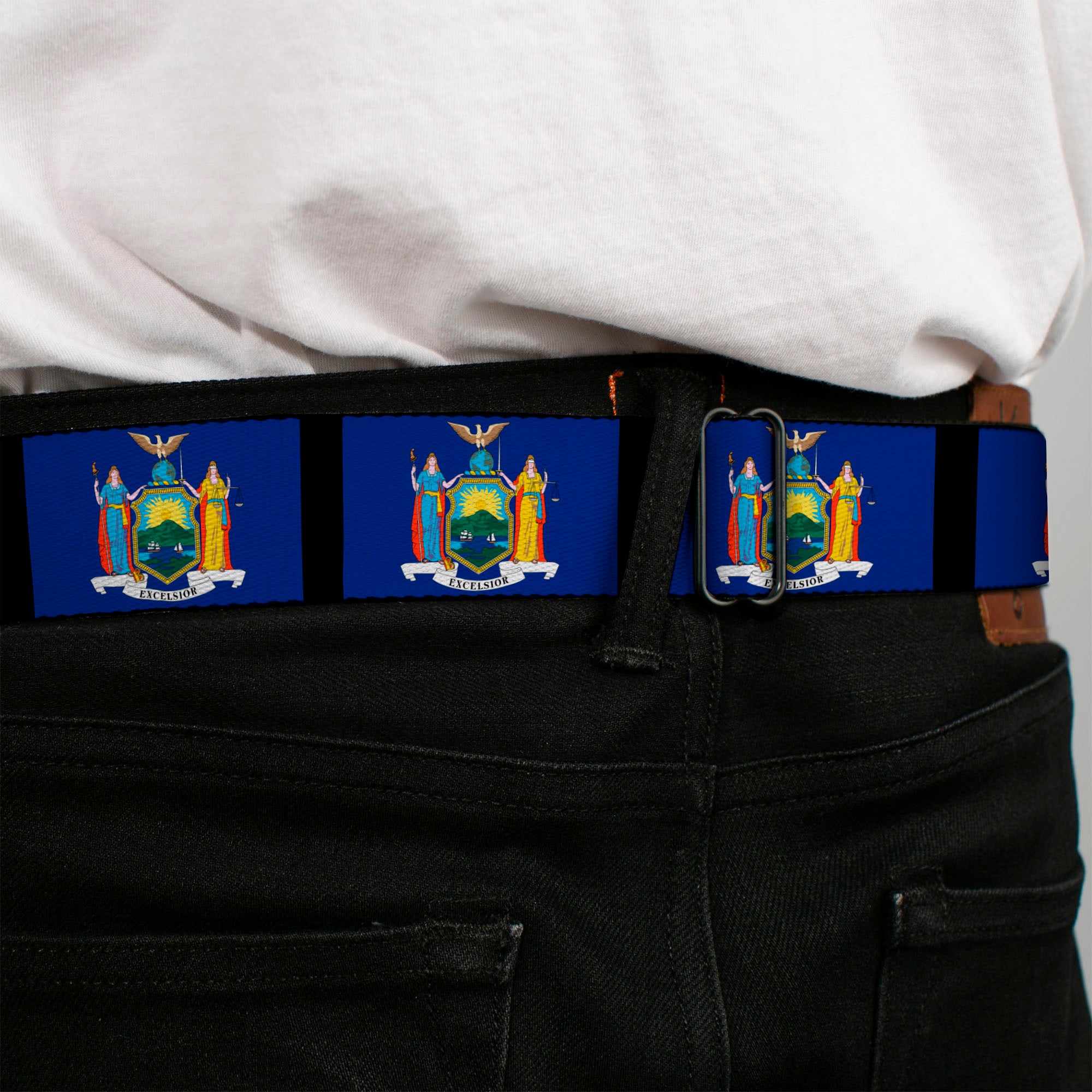 BD Wings Logo CLOSE-UP Full Color Black Silver Seatbelt Belt - New York Flags/Black Webbing Seatbelt Belts Buckle-Down