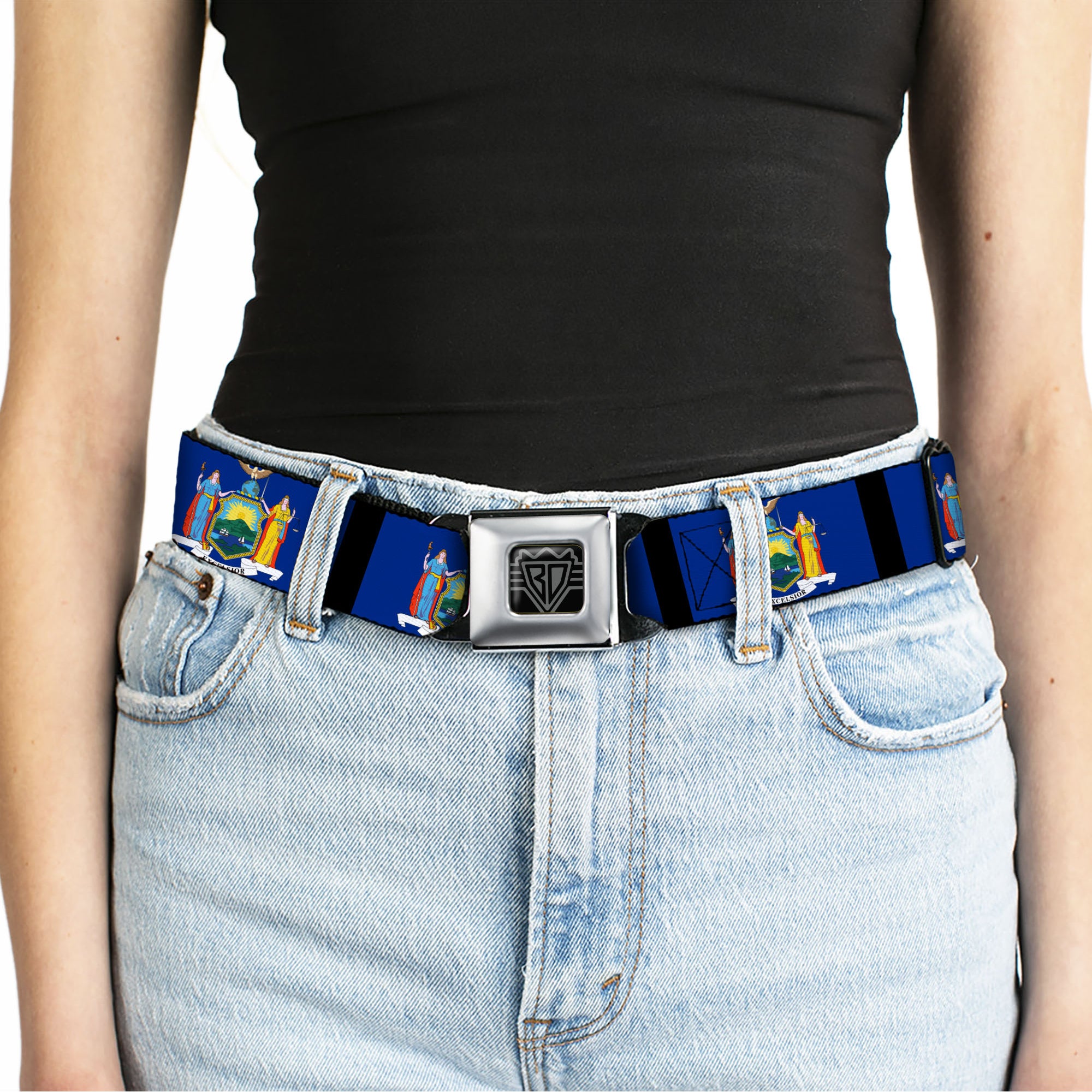 BD Wings Logo CLOSE-UP Full Color Black Silver Seatbelt Belt - New York Flags/Black Webbing Seatbelt Belts Buckle-Down