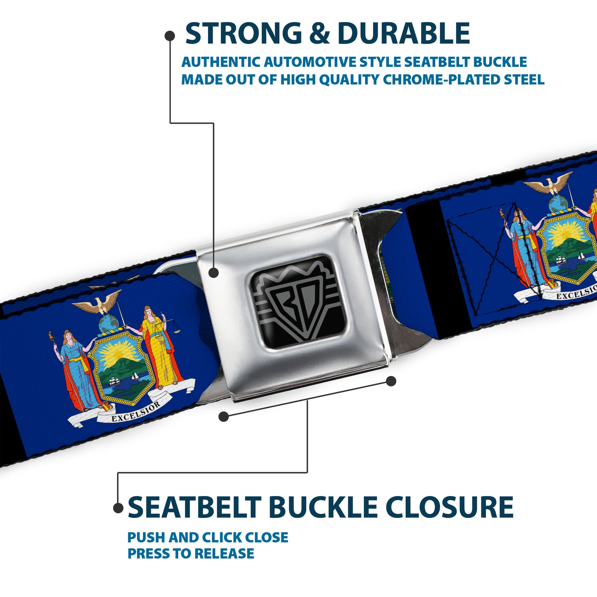 BD Wings Logo CLOSE-UP Full Color Black Silver Seatbelt Belt - New York Flags/Black Webbing Seatbelt Belts Buckle-Down